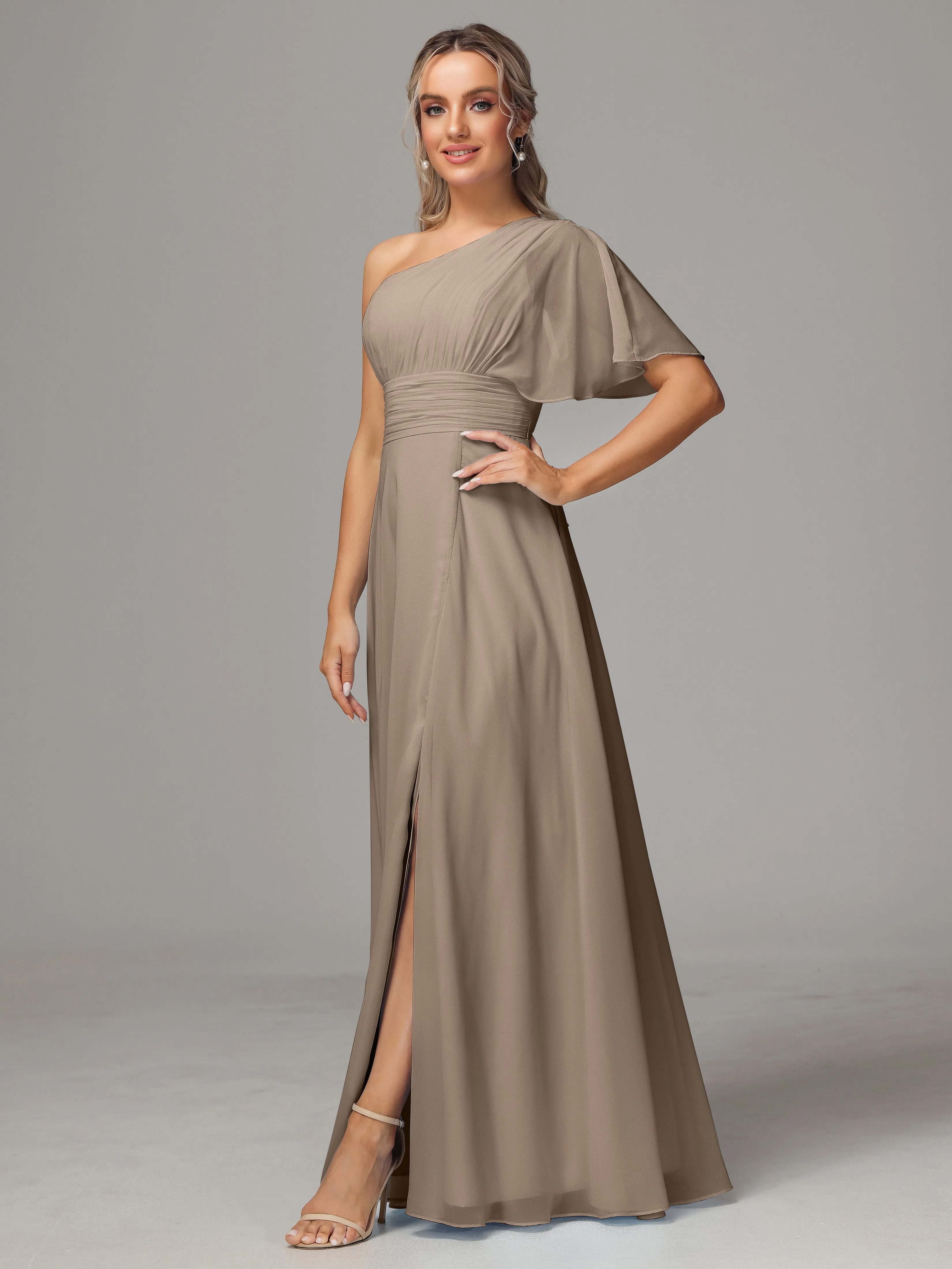 One Shoulder Ruffles Chiffon Bridesmaid Dresses With Split