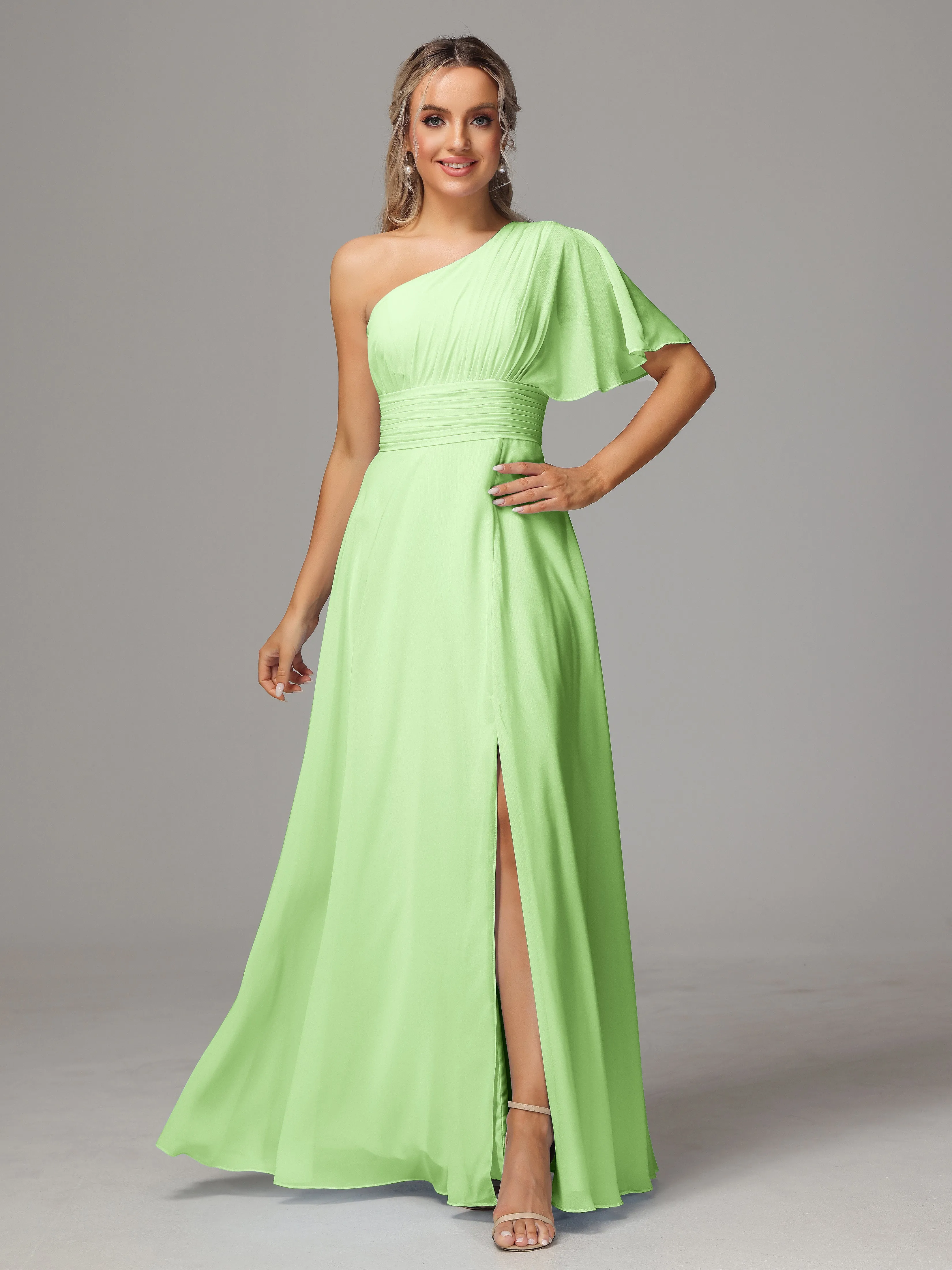 One Shoulder Ruffles Chiffon Bridesmaid Dresses With Split