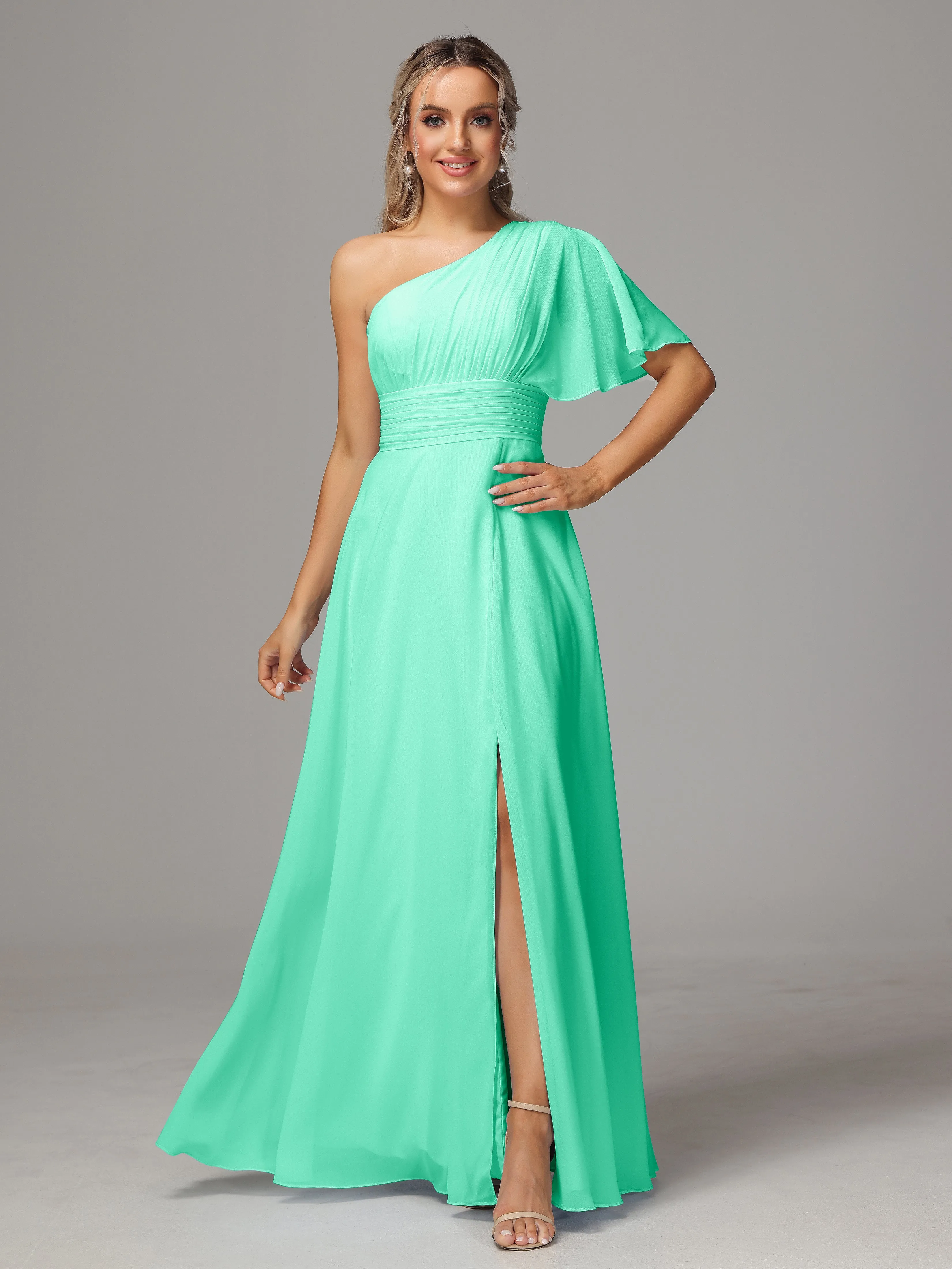 One Shoulder Ruffles Chiffon Bridesmaid Dresses With Split