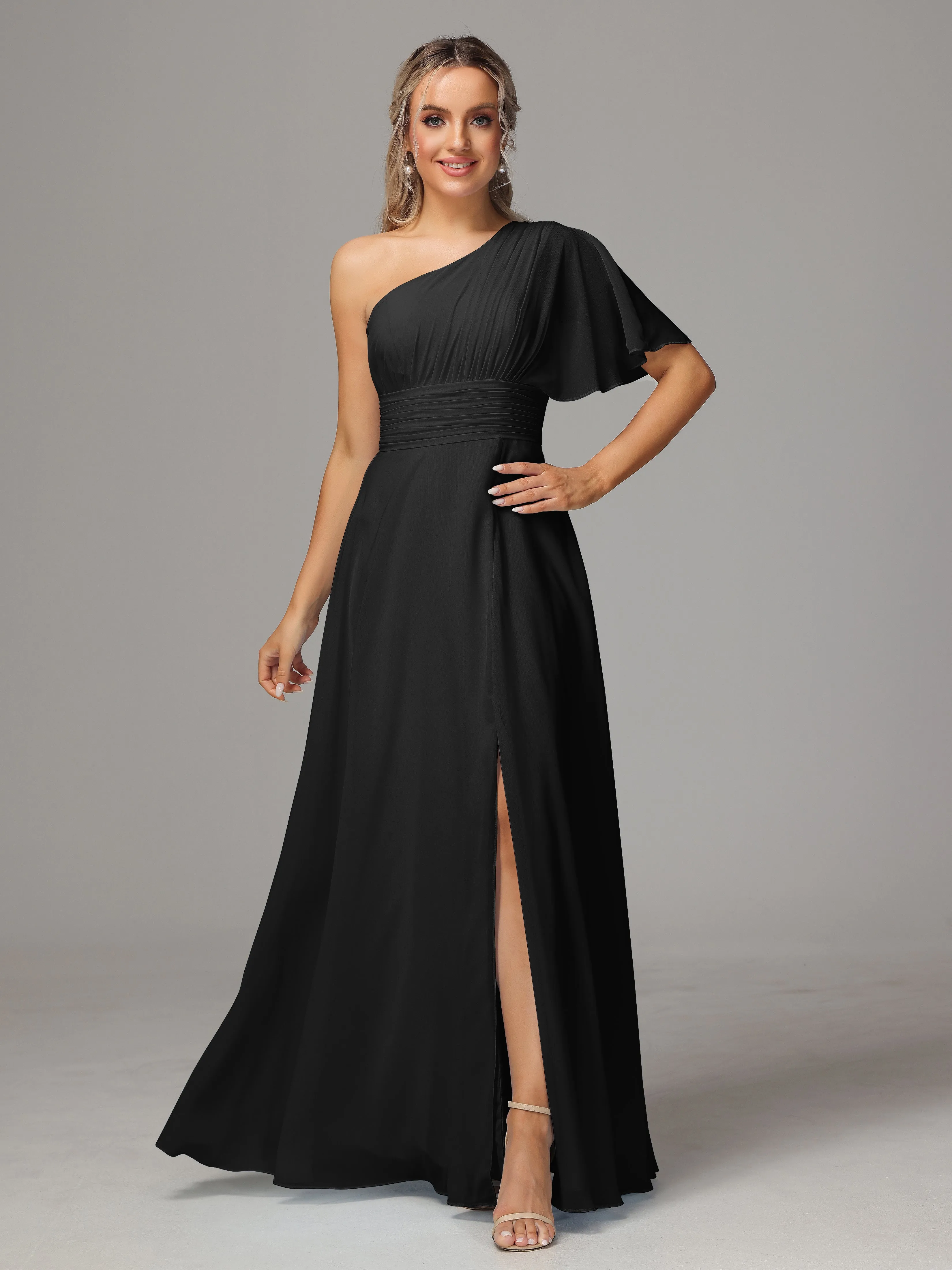 One Shoulder Ruffles Chiffon Bridesmaid Dresses With Split