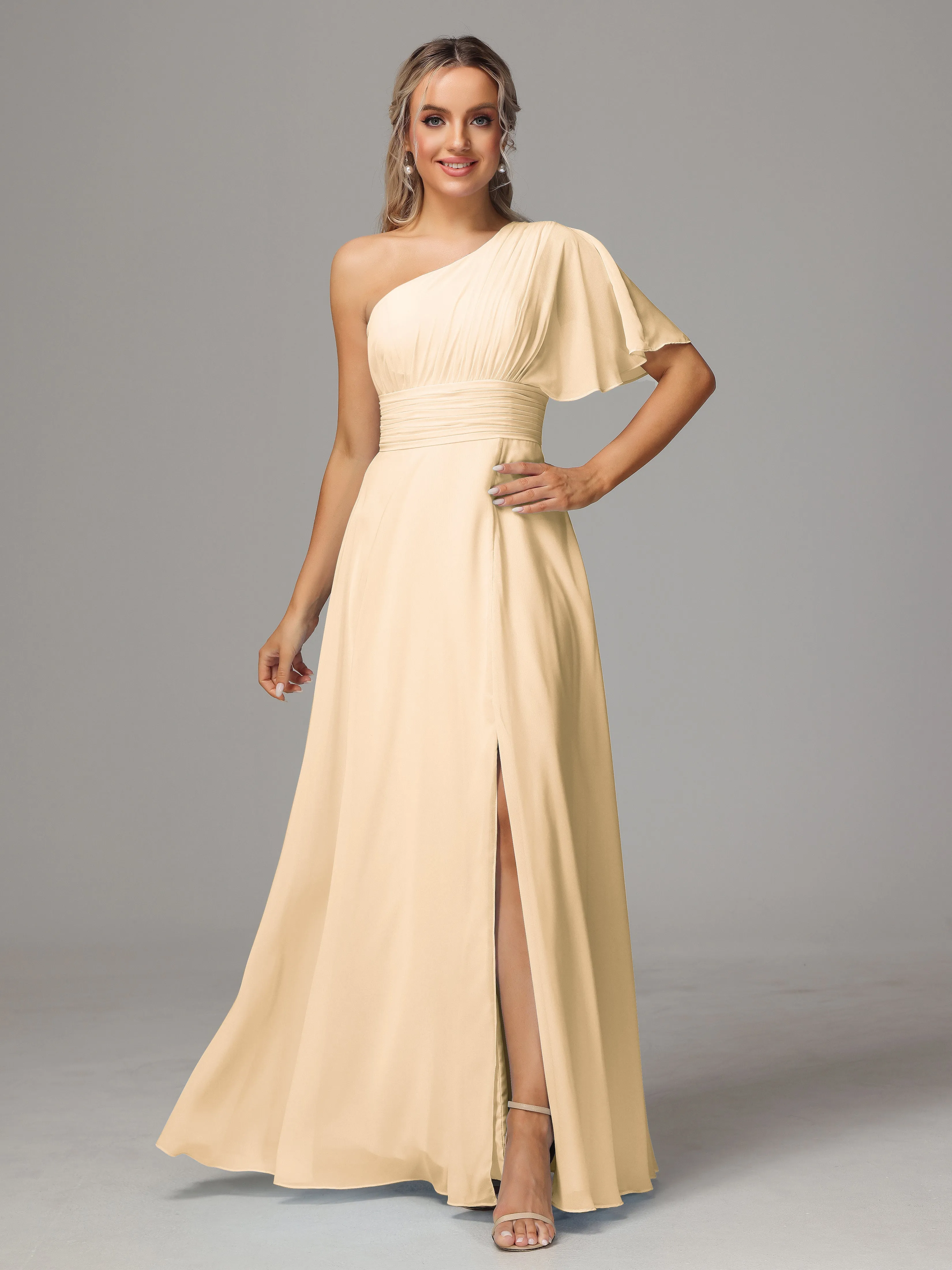 One Shoulder Ruffles Chiffon Bridesmaid Dresses With Split