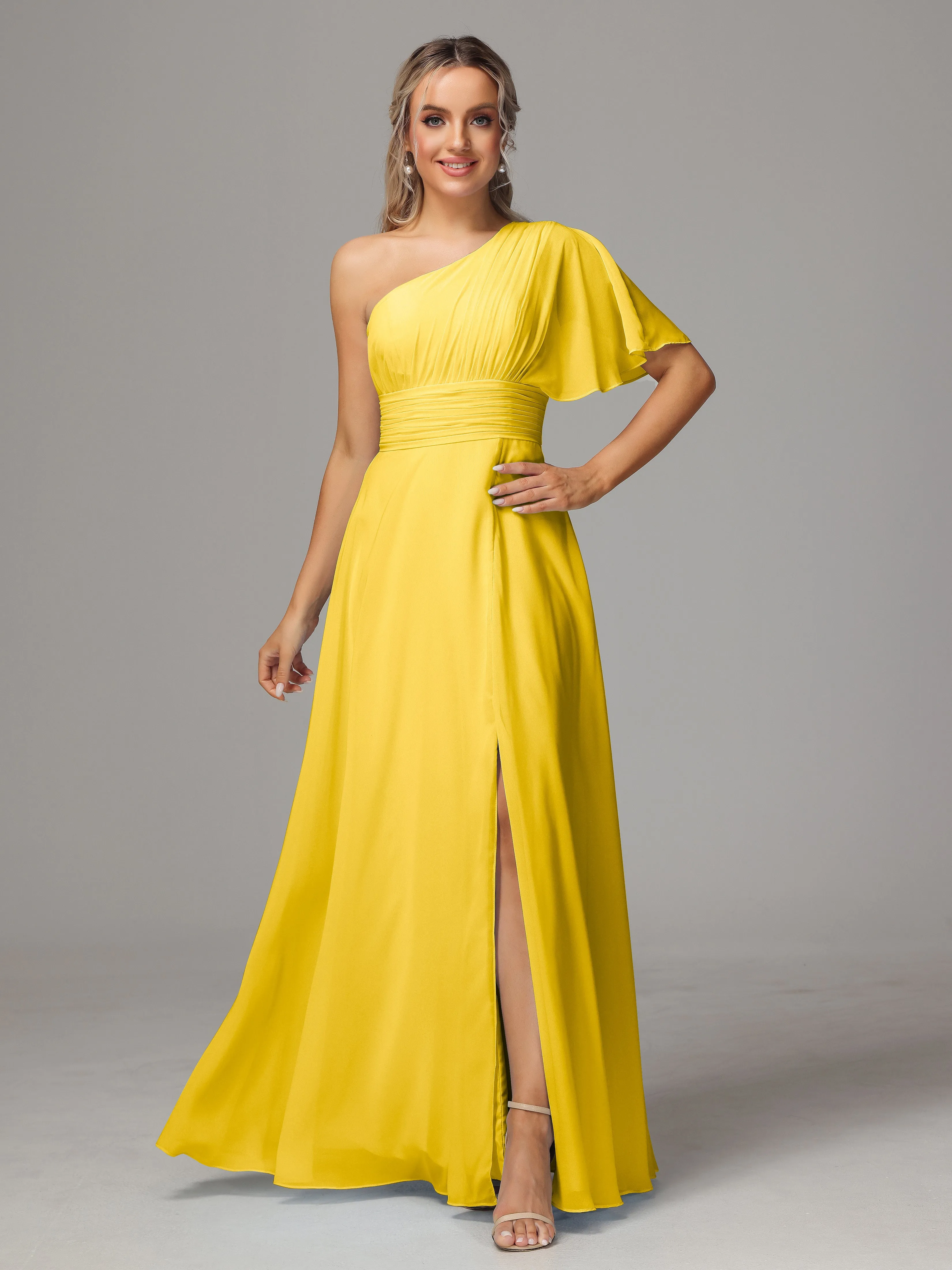 One Shoulder Ruffles Chiffon Bridesmaid Dresses With Split