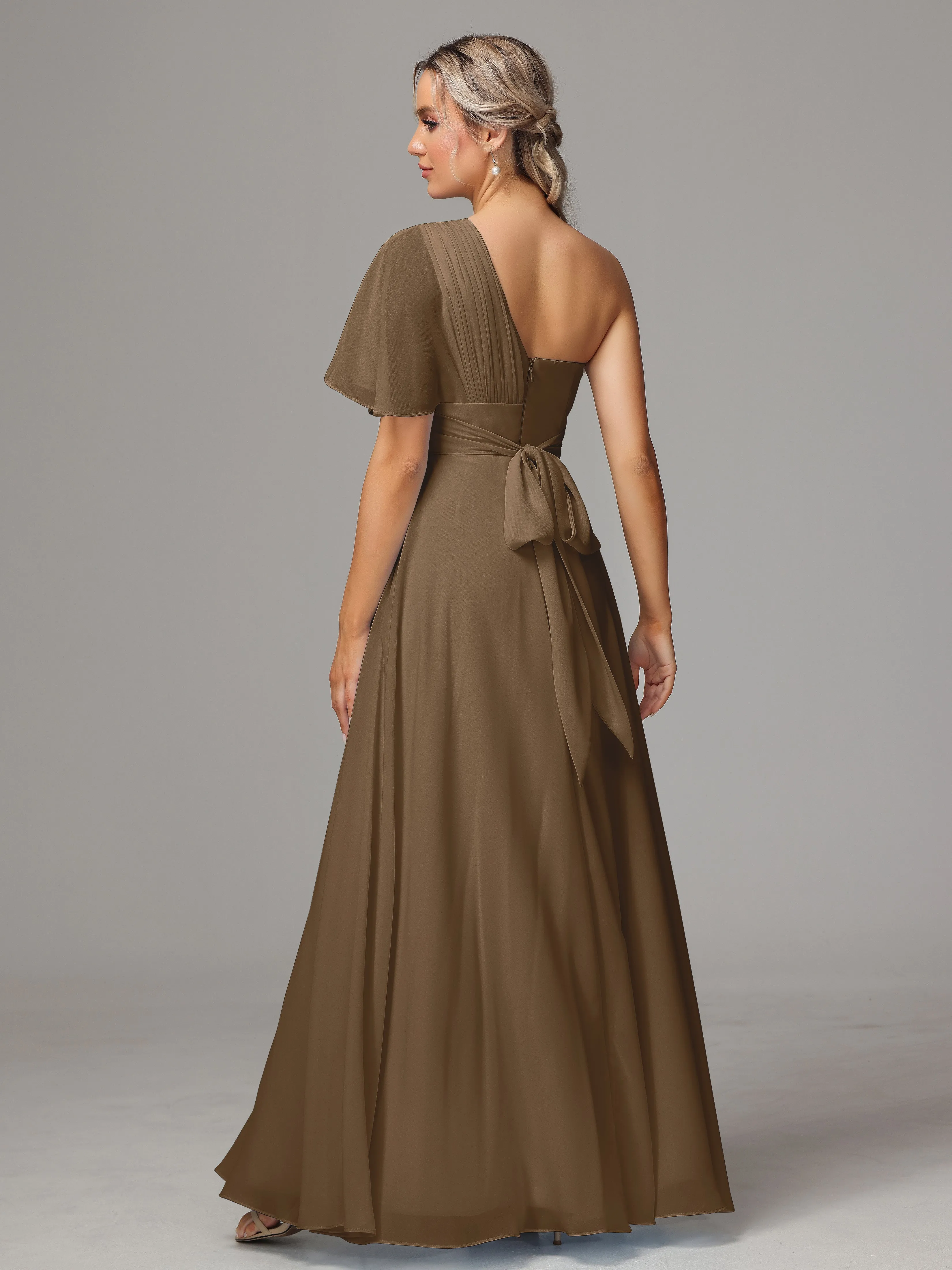 One Shoulder Ruffles Chiffon Bridesmaid Dresses With Split