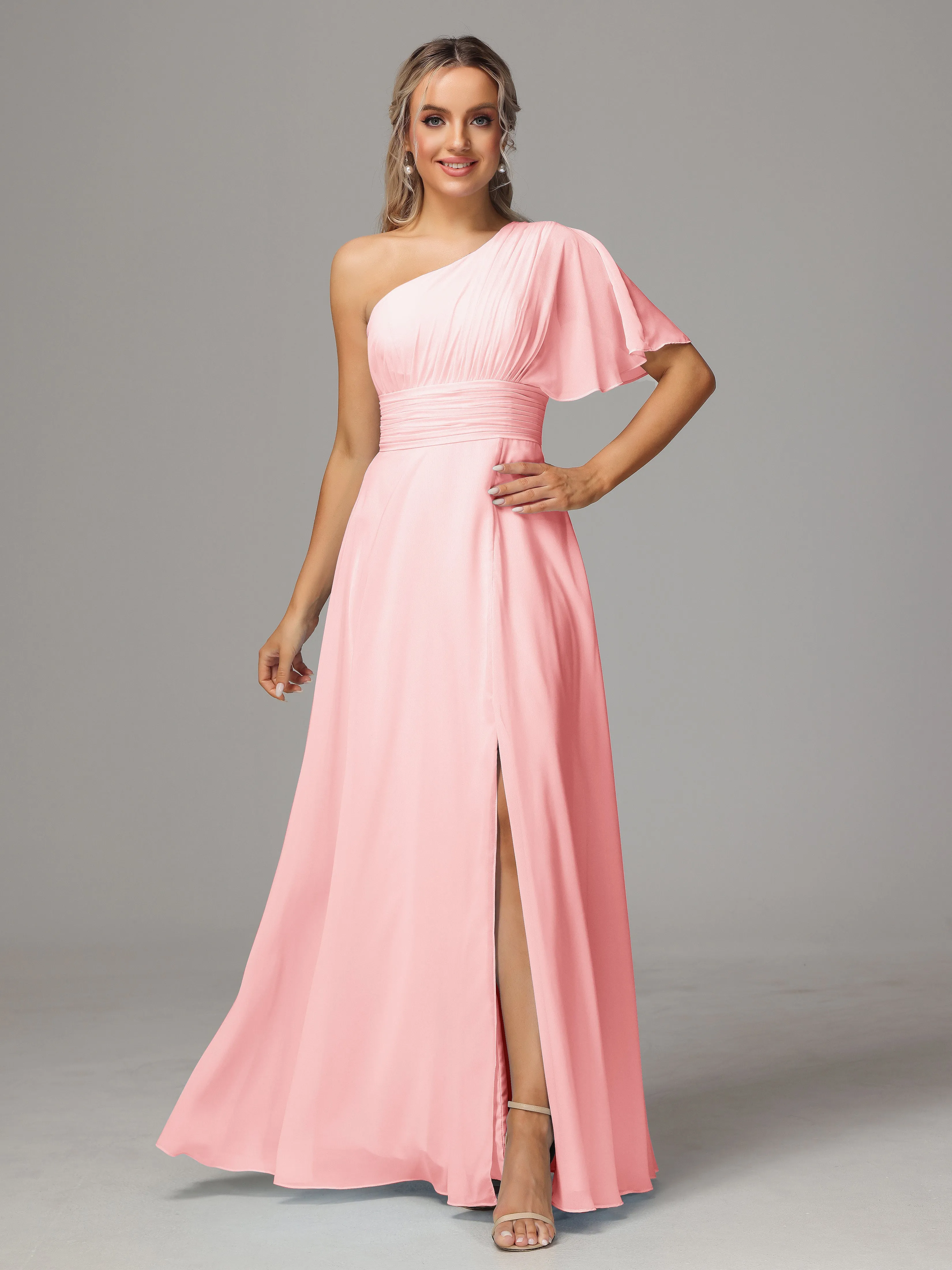 One Shoulder Ruffles Chiffon Bridesmaid Dresses With Split