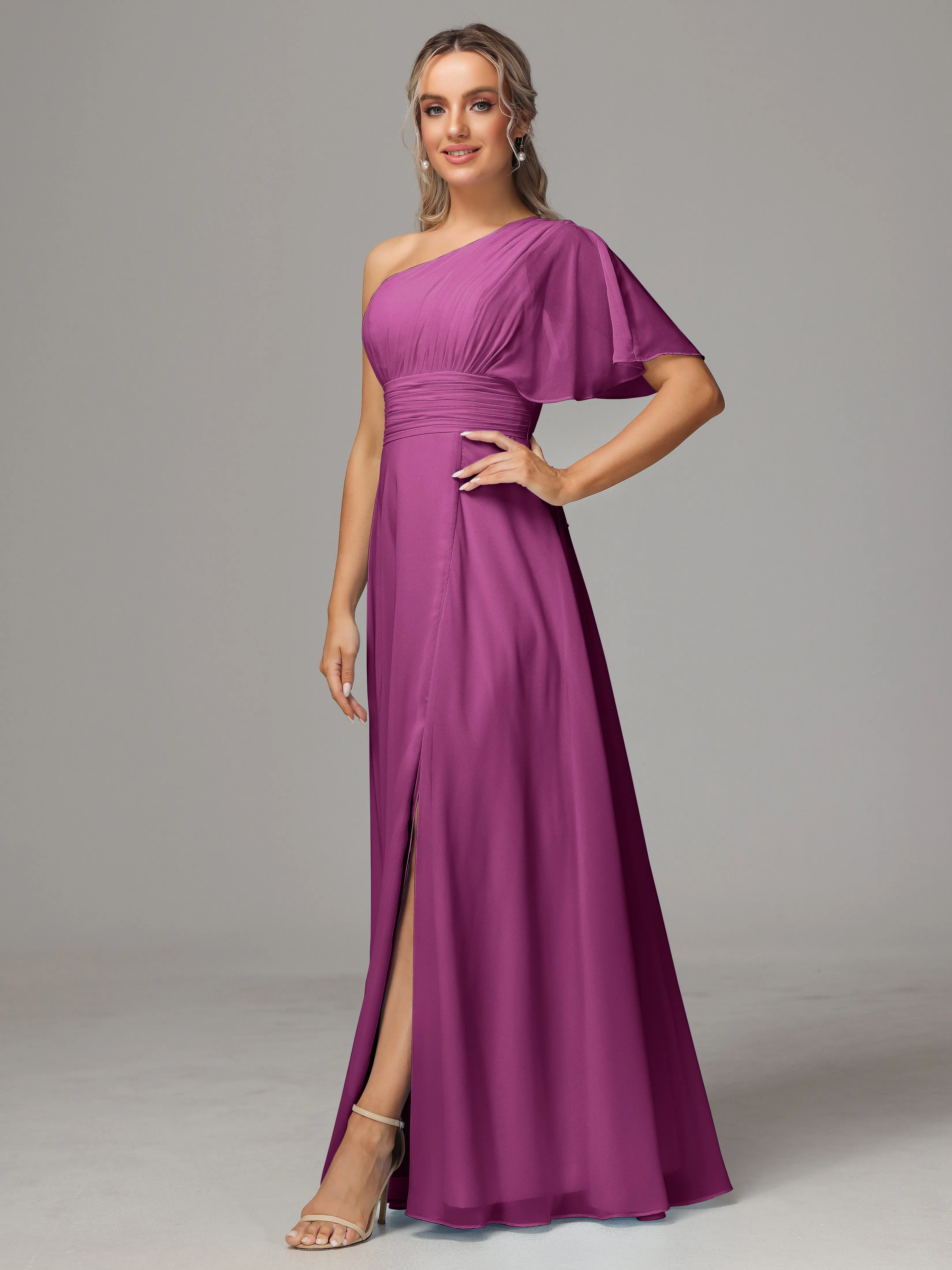 One Shoulder Ruffles Chiffon Bridesmaid Dresses With Split