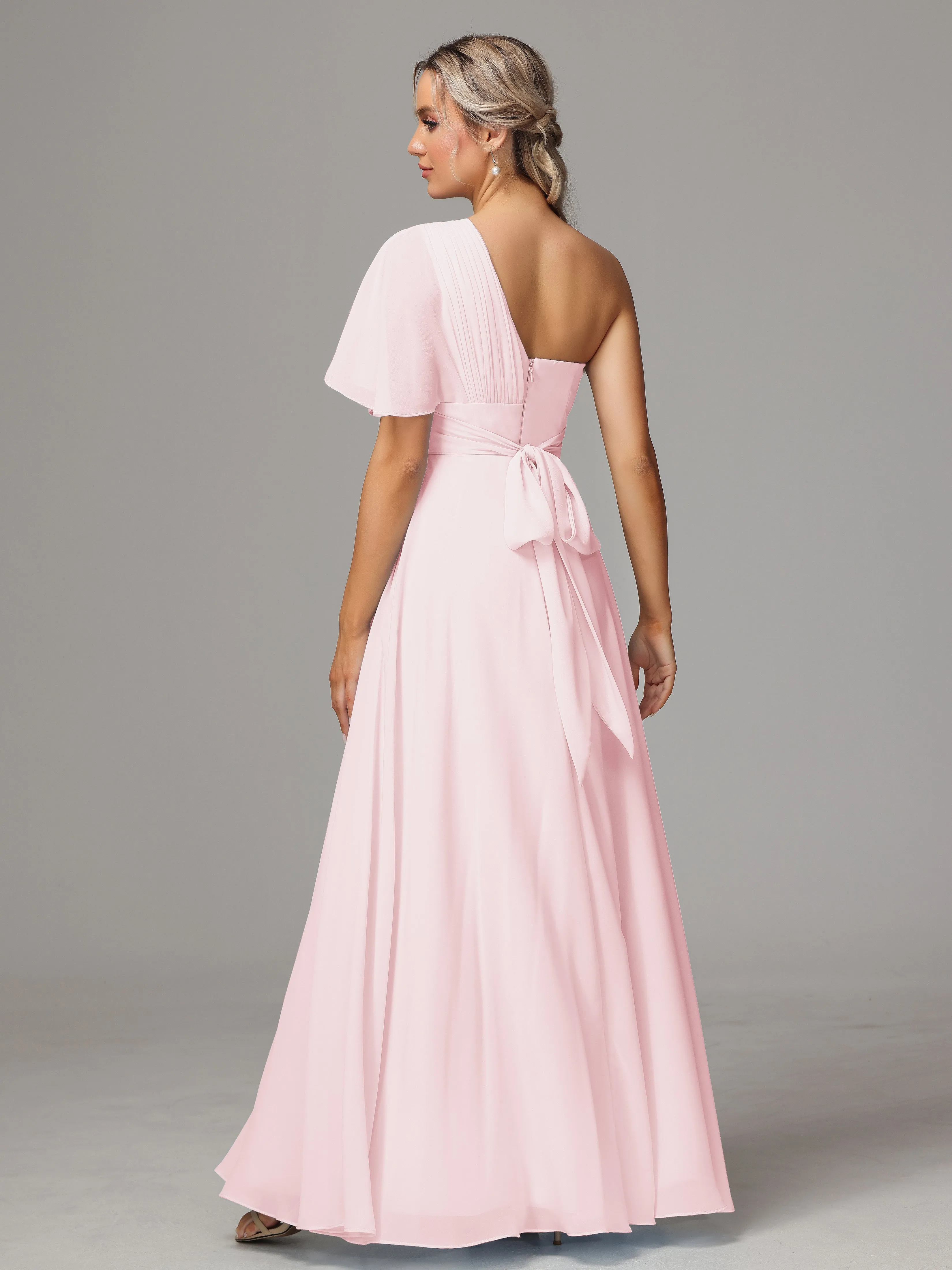 One Shoulder Ruffles Chiffon Bridesmaid Dresses With Split