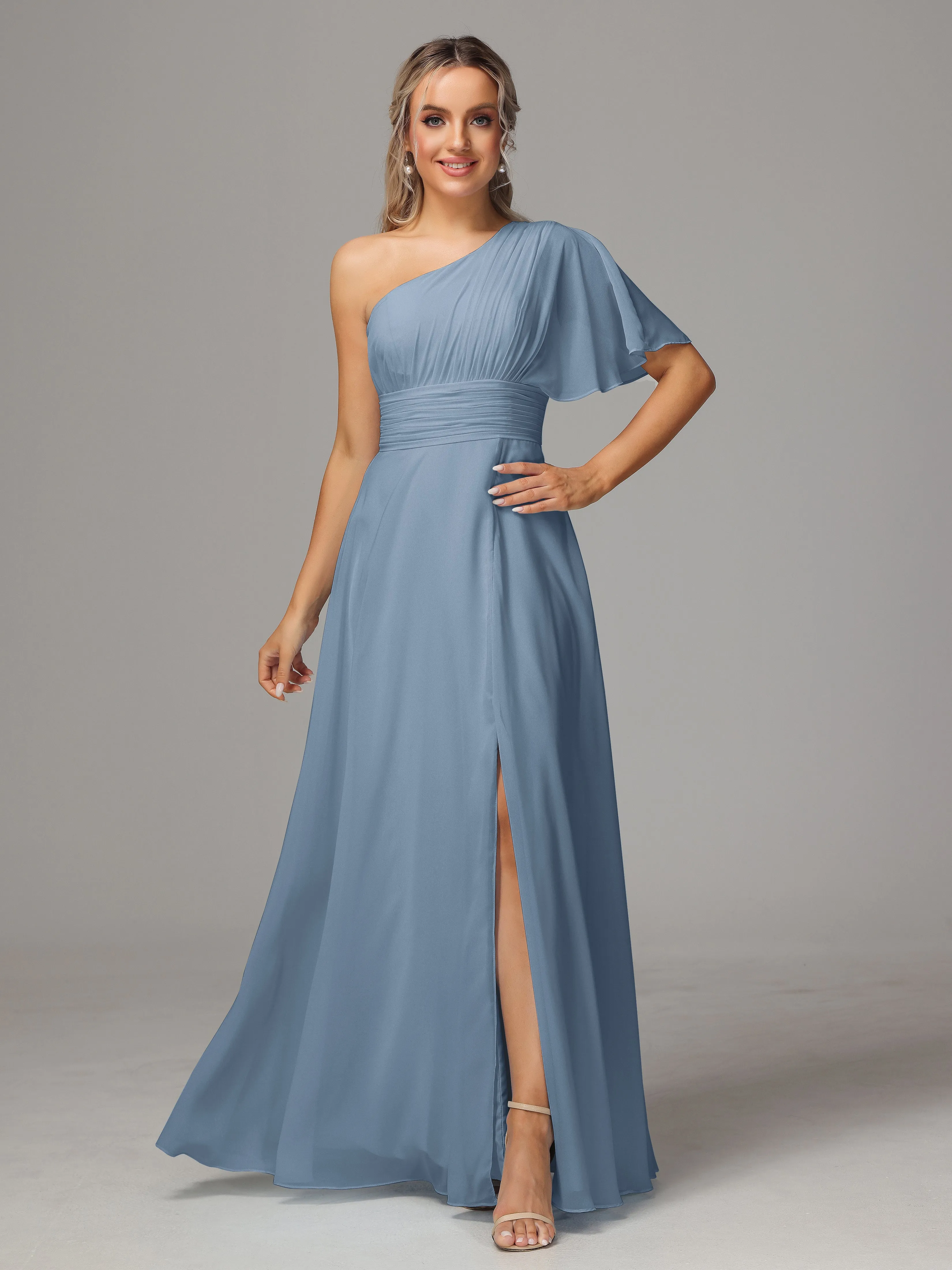 One Shoulder Ruffles Chiffon Bridesmaid Dresses With Split