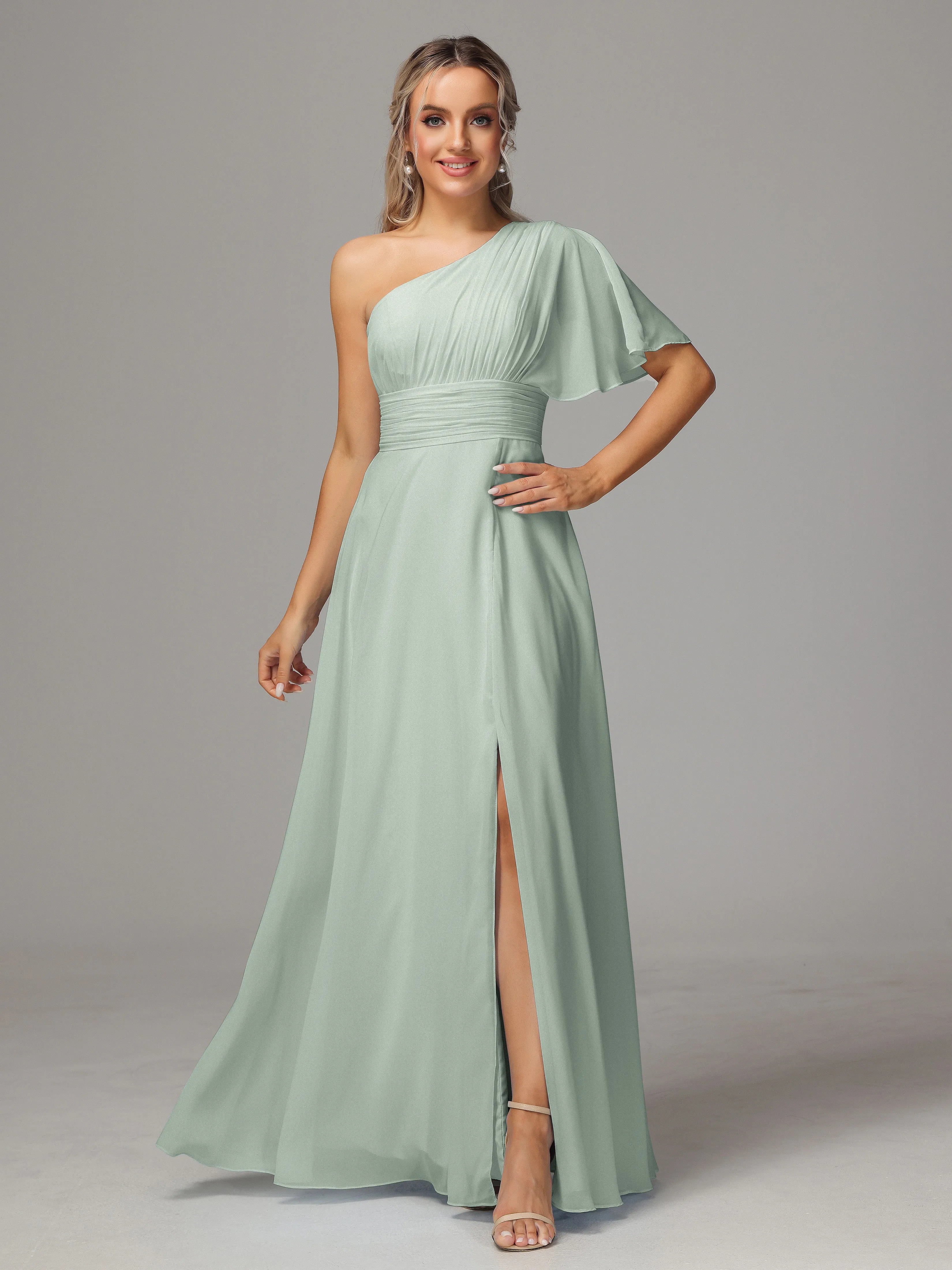 One Shoulder Ruffles Chiffon Bridesmaid Dresses With Split