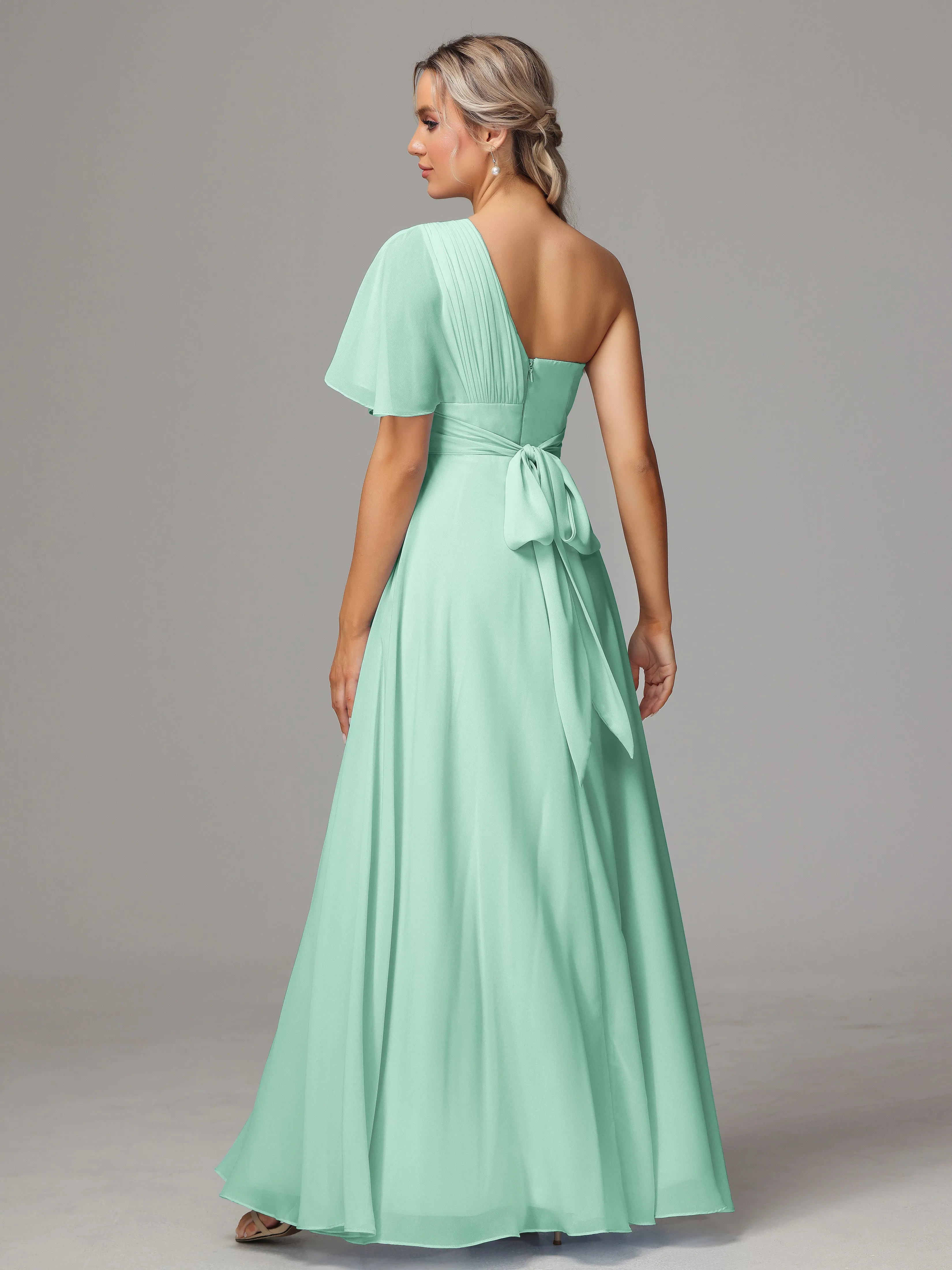 One Shoulder Ruffles Chiffon Bridesmaid Dresses With Split