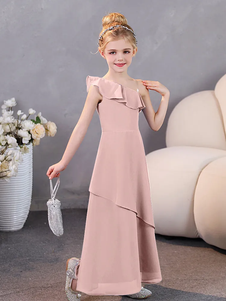 One Shoulder Ruffles Chiffon Junior Bridesmaid Dresses