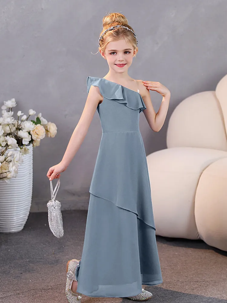 One Shoulder Ruffles Chiffon Junior Bridesmaid Dresses