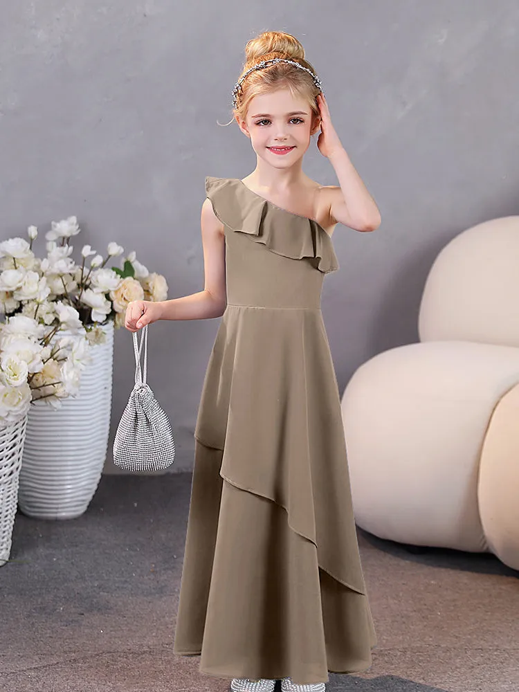 One Shoulder Ruffles Chiffon Junior Bridesmaid Dresses