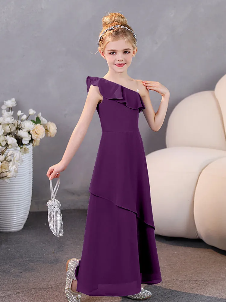 One Shoulder Ruffles Chiffon Junior Bridesmaid Dresses