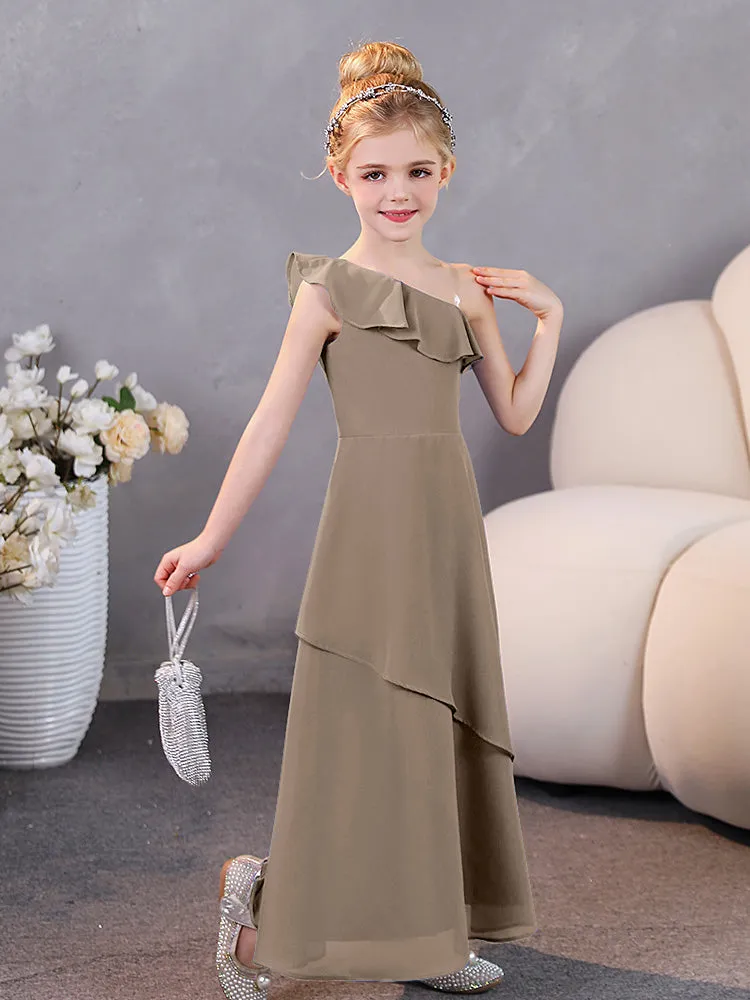 One Shoulder Ruffles Chiffon Junior Bridesmaid Dresses