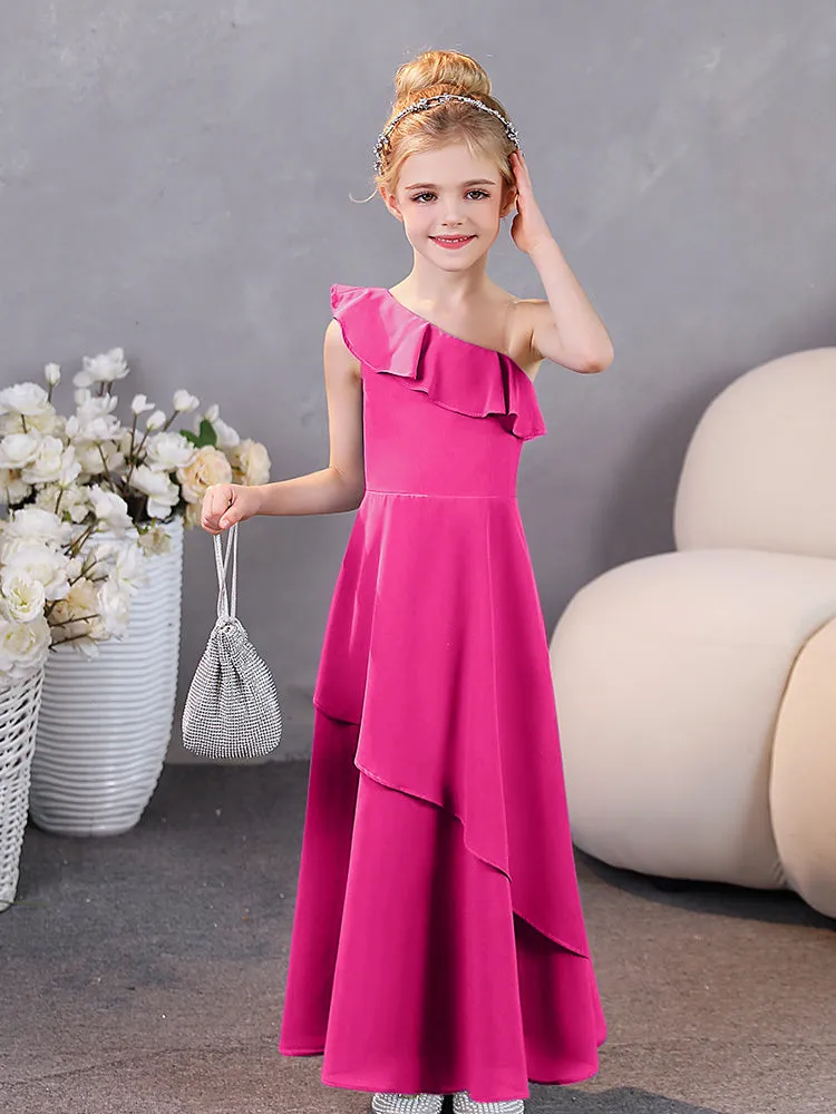 One Shoulder Ruffles Chiffon Junior Bridesmaid Dresses