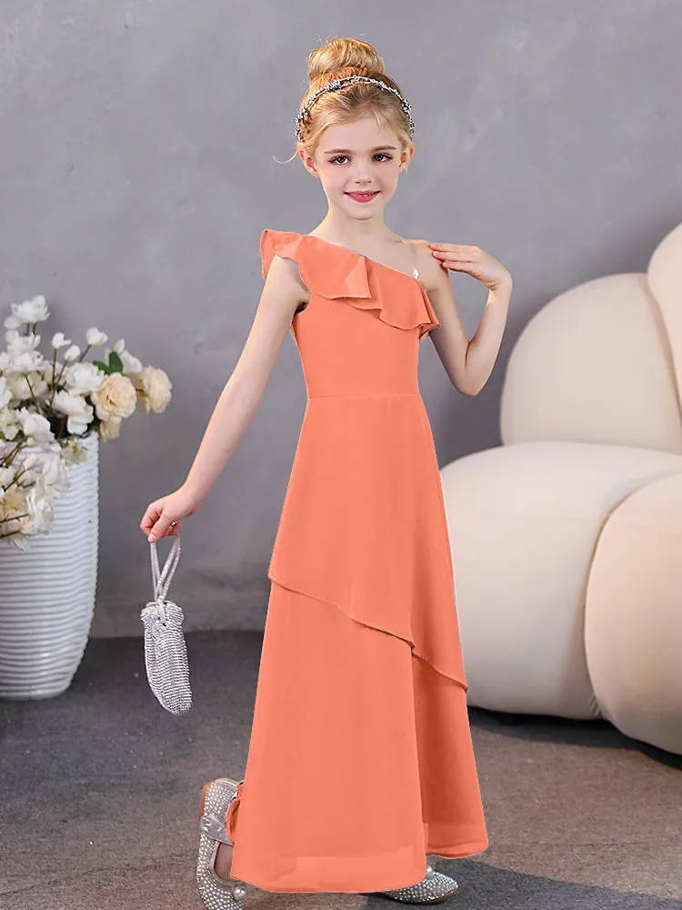 One Shoulder Ruffles Chiffon Junior Bridesmaid Dresses