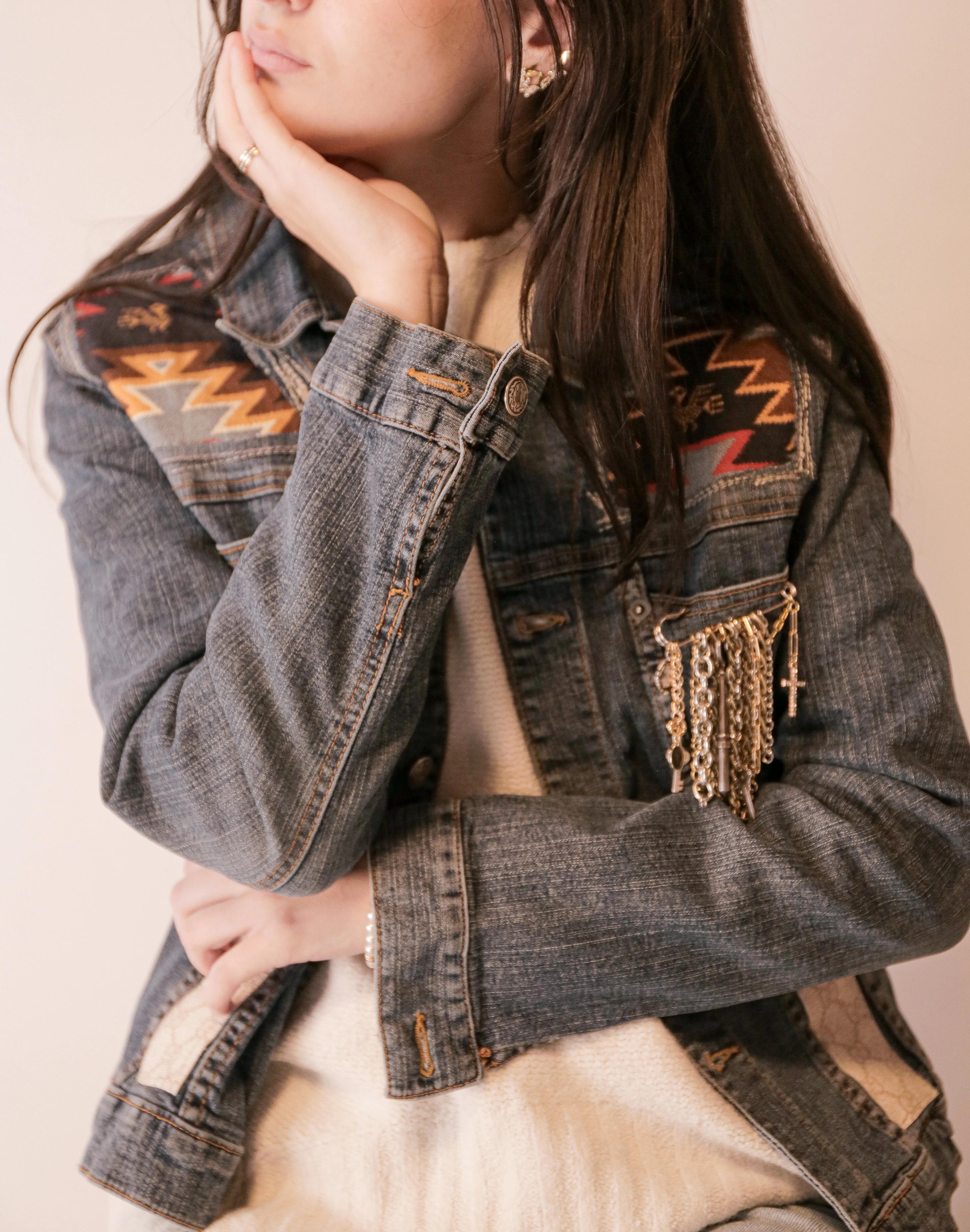 OOAK Vintage Denim Aztec and Gucci Patch Jacket