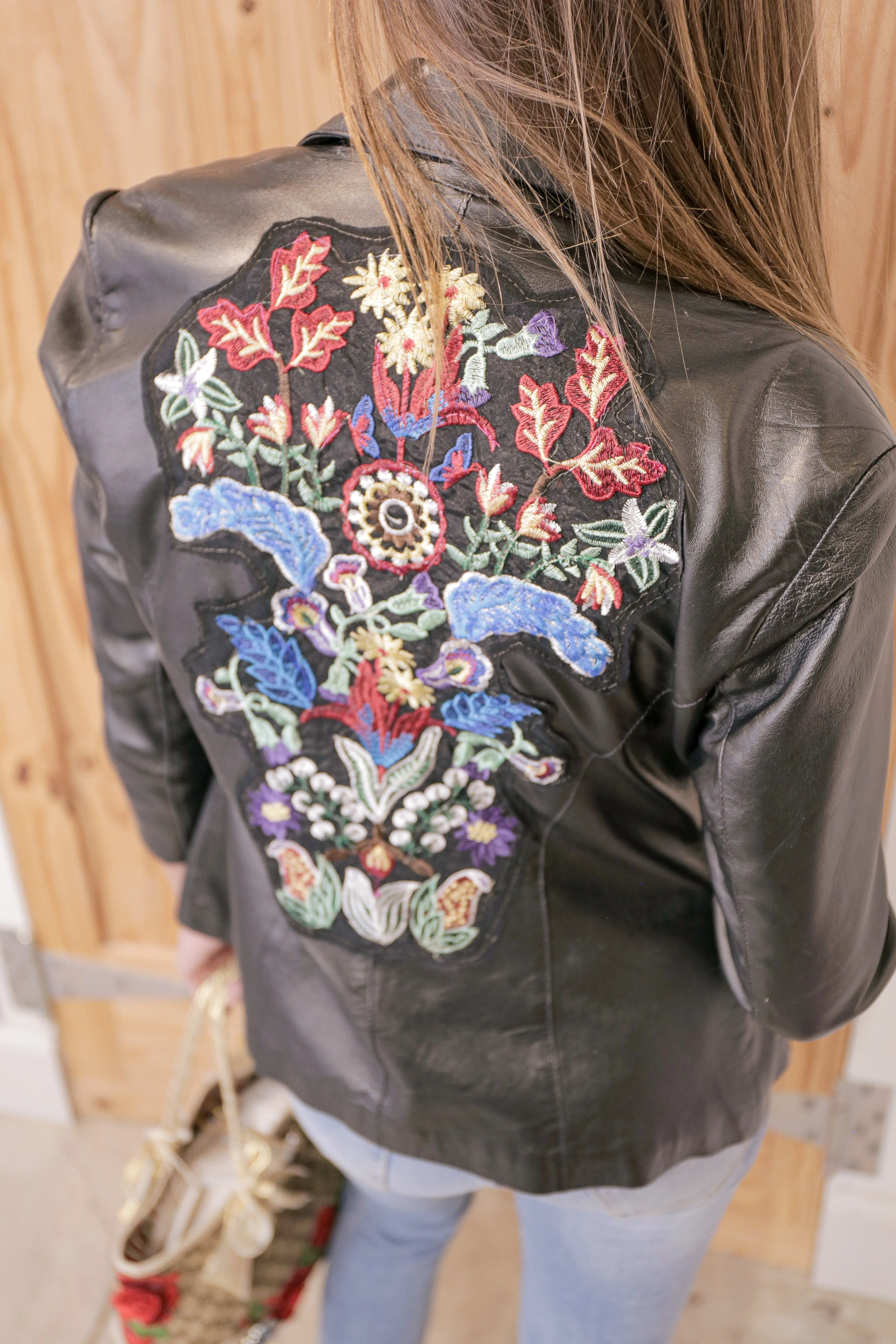 OOAK Vintage Leather Jacket Upcycled with Large Embroidered Patch