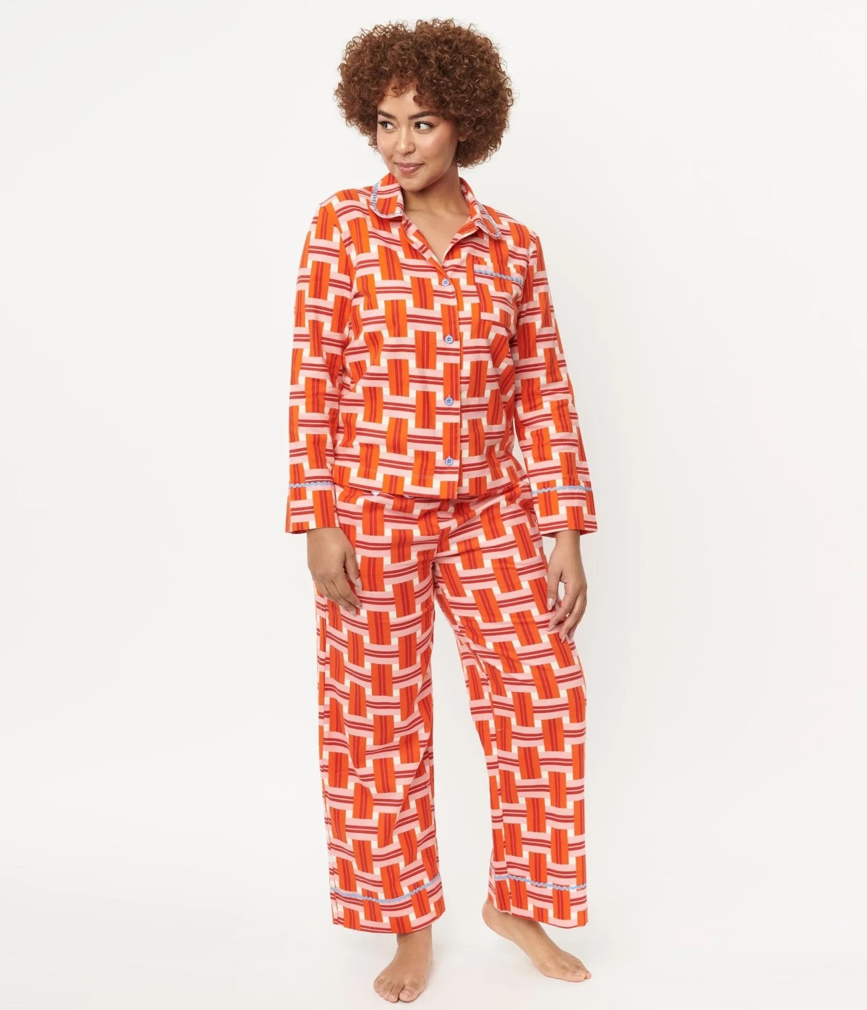 Orange & Red Basket Plaid Pajama Bottoms