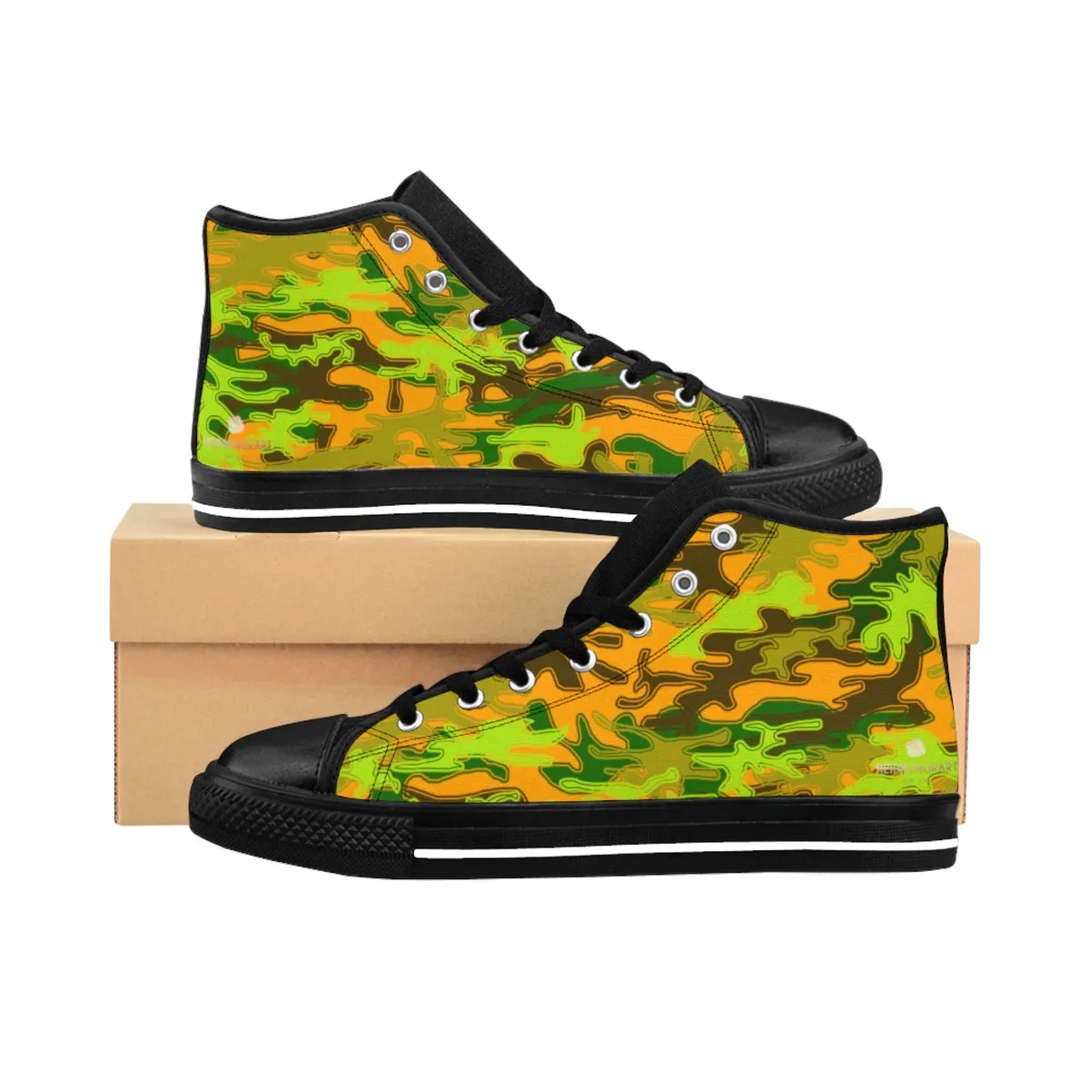 Orange Blue Camo Men's High Tops, Green Camouflage Army Military Print Men's High-top Sneakers Shoes