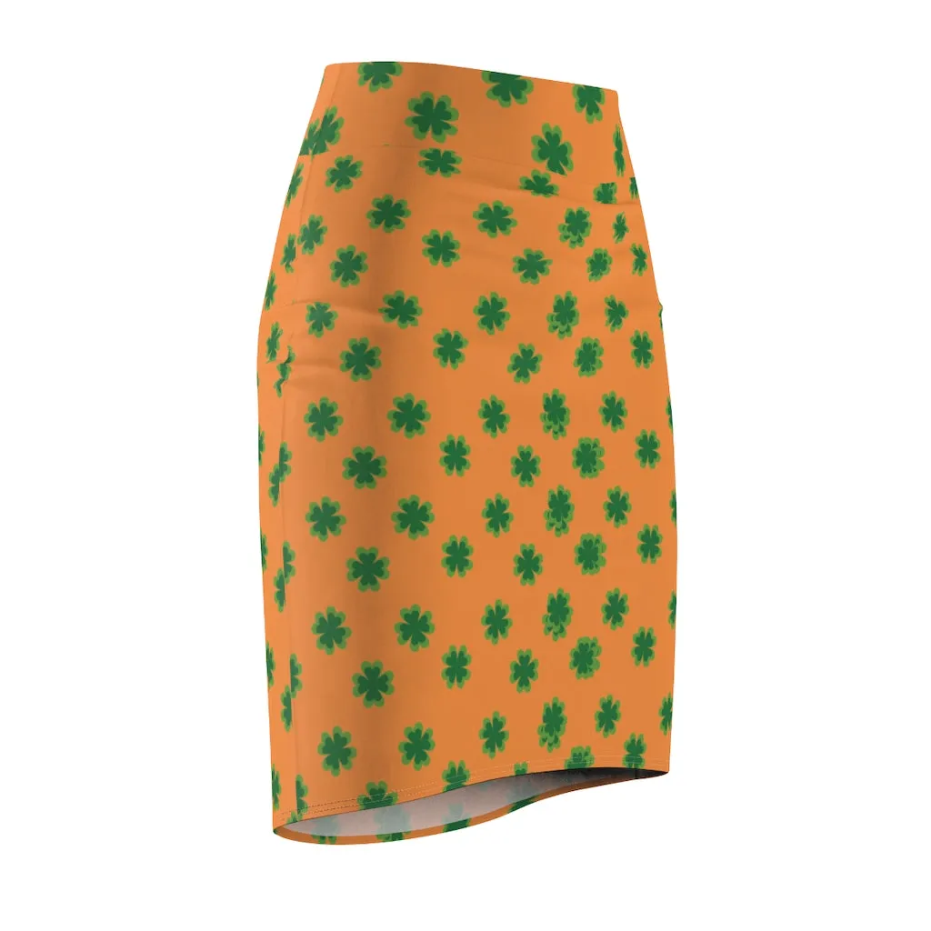 Orange Green Clover Pencil Skirt, Clover Leaf Print St. Patrick's Day Women's Pencil Skirt- Made in USA