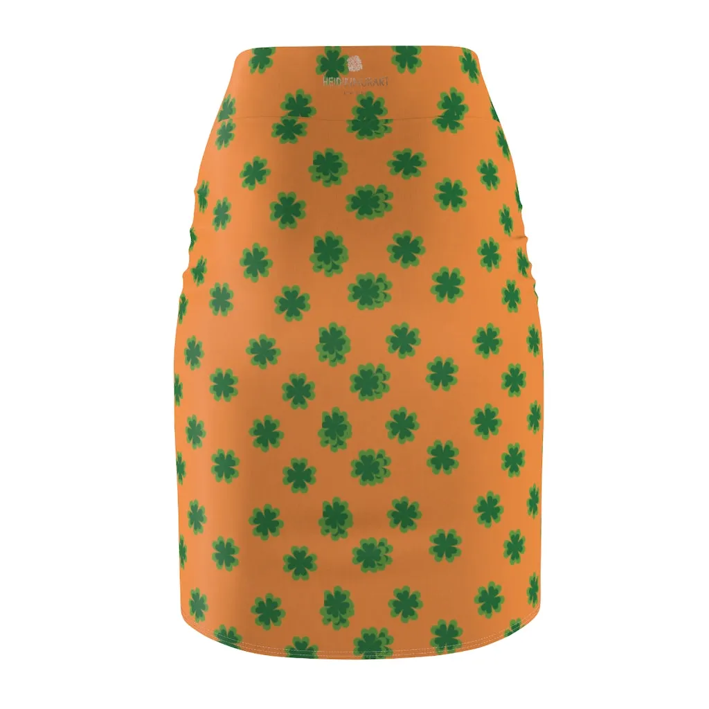 Orange Green Clover Pencil Skirt, Clover Leaf Print St. Patrick's Day Women's Pencil Skirt- Made in USA