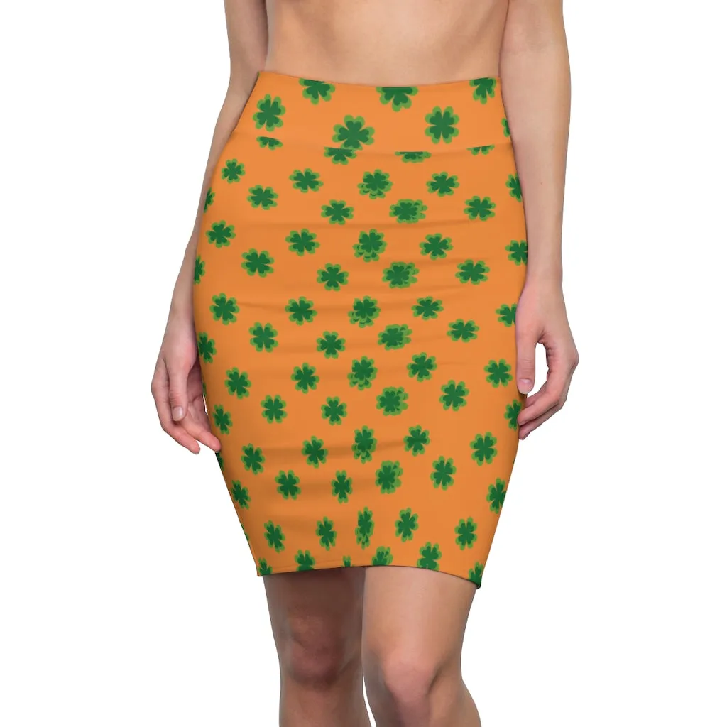 Orange Green Clover Pencil Skirt, Clover Leaf Print St. Patrick's Day Women's Pencil Skirt- Made in USA