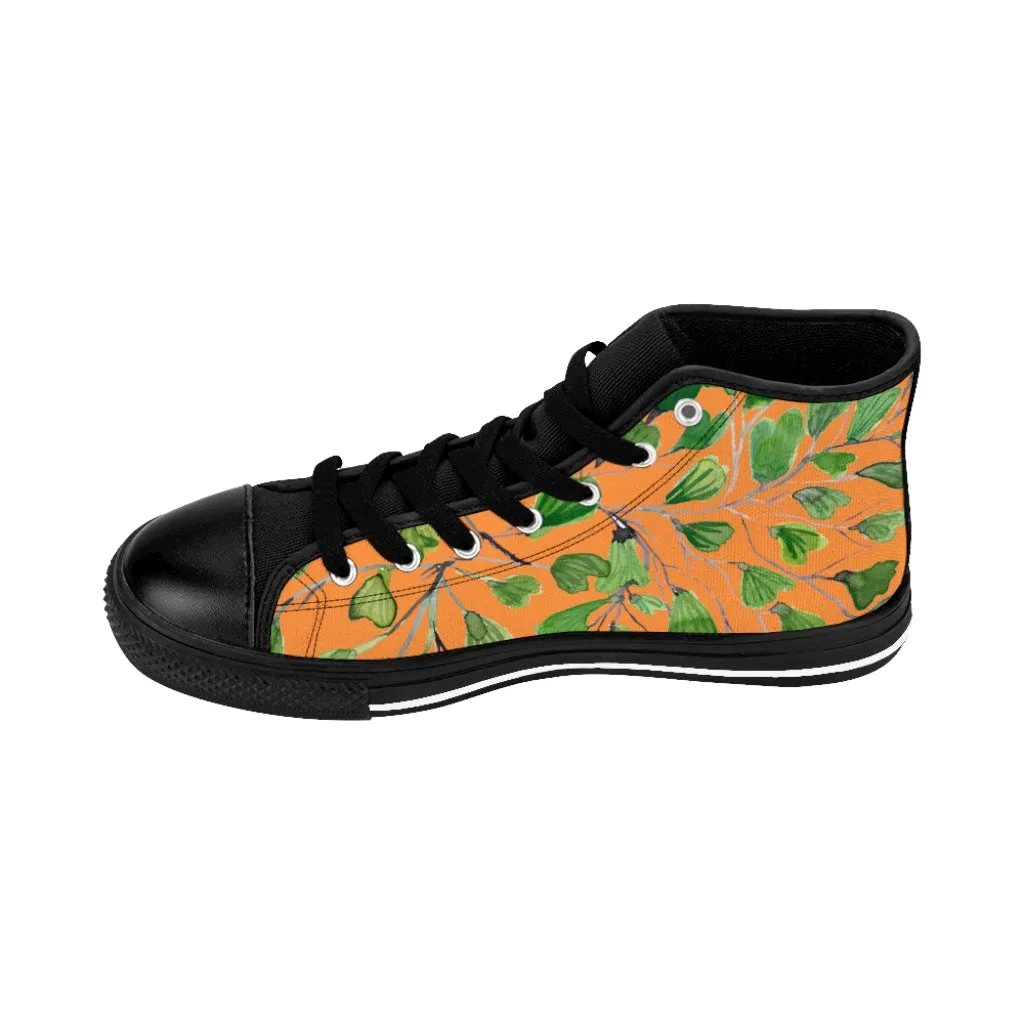 Orange Green Maidenhair Men's Tennis Shoes, Tropical Print Designer Best High-top Sneakers For Men