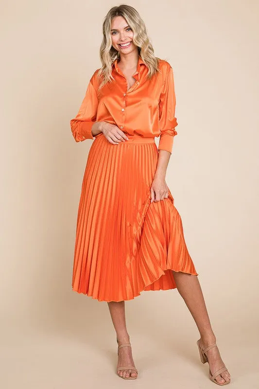 Orange High Waisted Pleated Midi Skirt