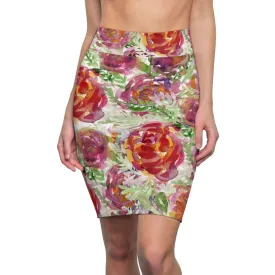 Orange Rose Women's Pencil Skirt, Floral Printed Patterned Designer Skirt For Ladies-Made in USA