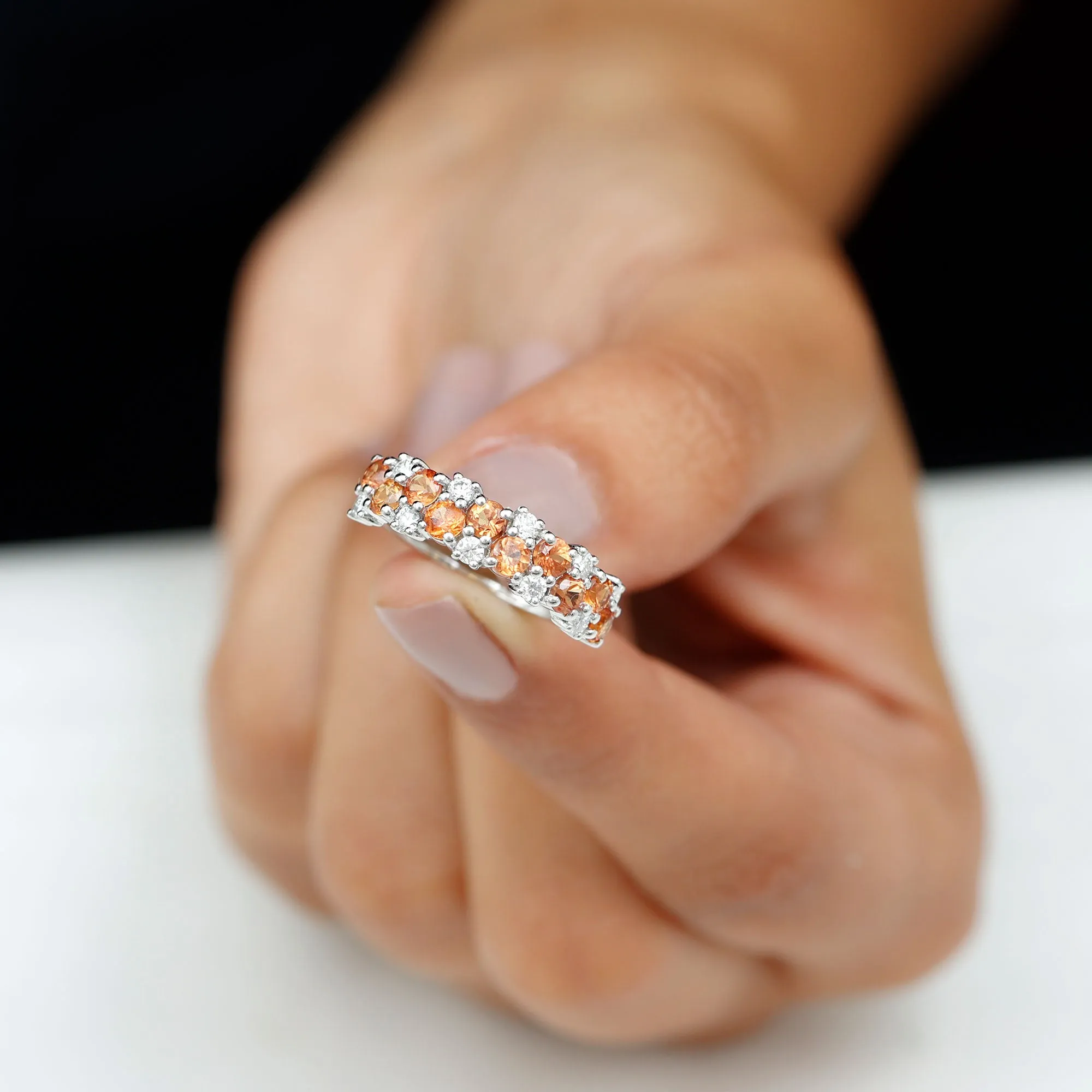 Orange Sapphire and Diamond Cluster Half Eternity Ring