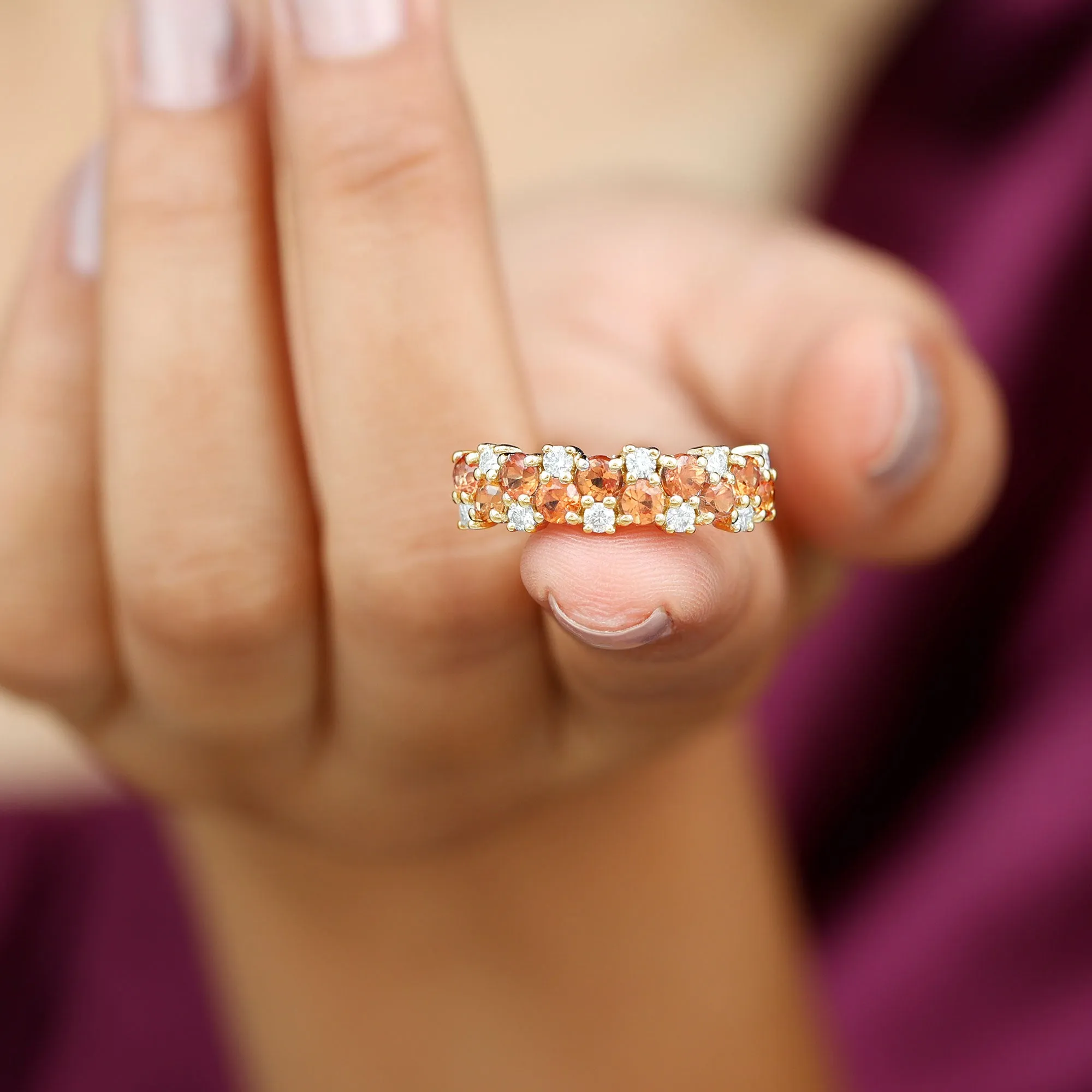 Orange Sapphire and Diamond Cluster Half Eternity Ring