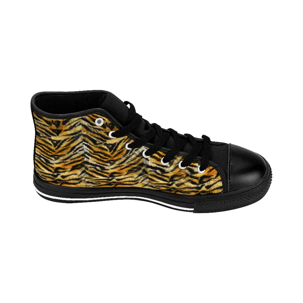 Orange Tiger Men's High-top Sneakers, Striped Animal Print Men's Designer Tennis Running Shoes