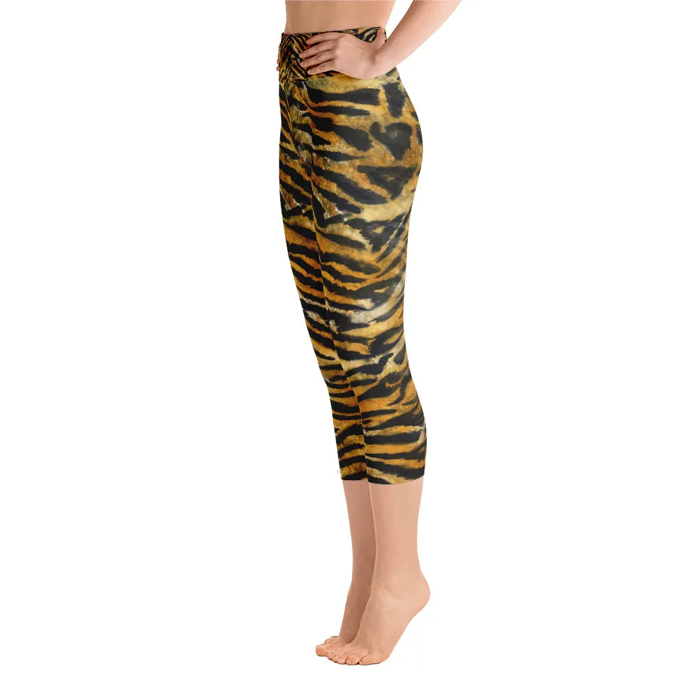 Orange Tiger Striped Capris Tights, Tiger Striped Print Capri Yoga Pants, Women's Elastic Orange Tiger Striped Animal Print Capris-Made in USA/EU/MX