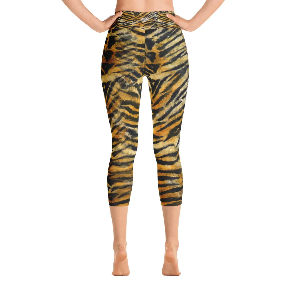 Orange Tiger Striped Capris Tights, Tiger Striped Print Capri Yoga Pants, Women's Elastic Orange Tiger Striped Animal Print Capris-Made in USA/EU/MX