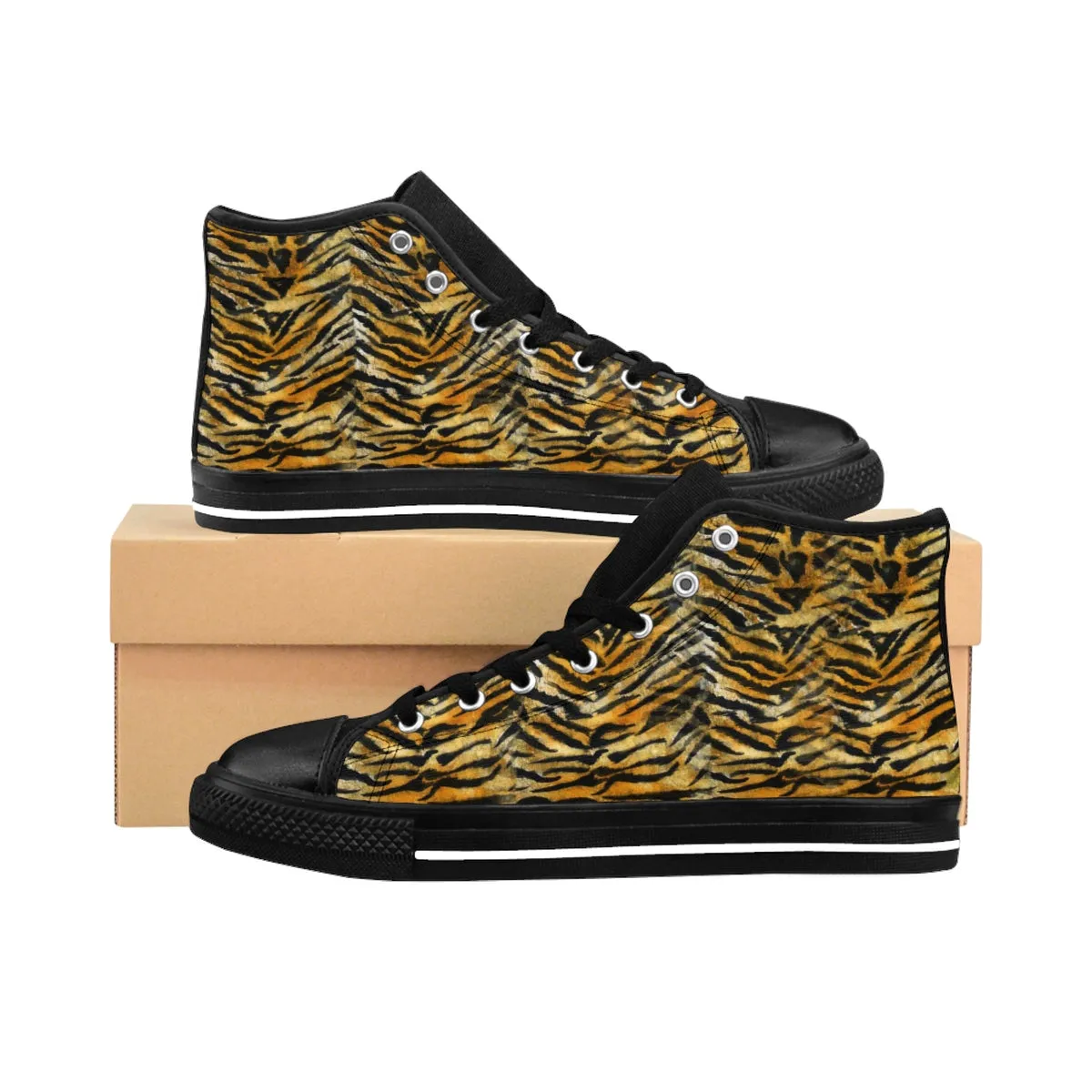 Orange Tiger Striped Men's High Tops, Animal Print Men's High Top Sneakers Running Shoes (US Size: 6-14)