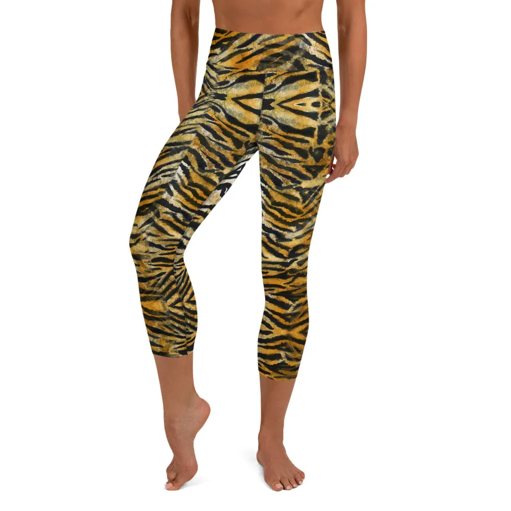 Orange Tiger Yoga Capri Leggings, Animal Stripe Print Women's Capris Leggings-Made in USA/EU