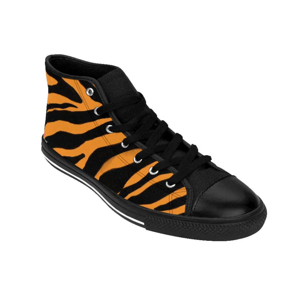 Orange Zebra Men's High Tops, Zebra Striped Animal Print Men's Classic Sneakers Running Fashion Canvas Shoes