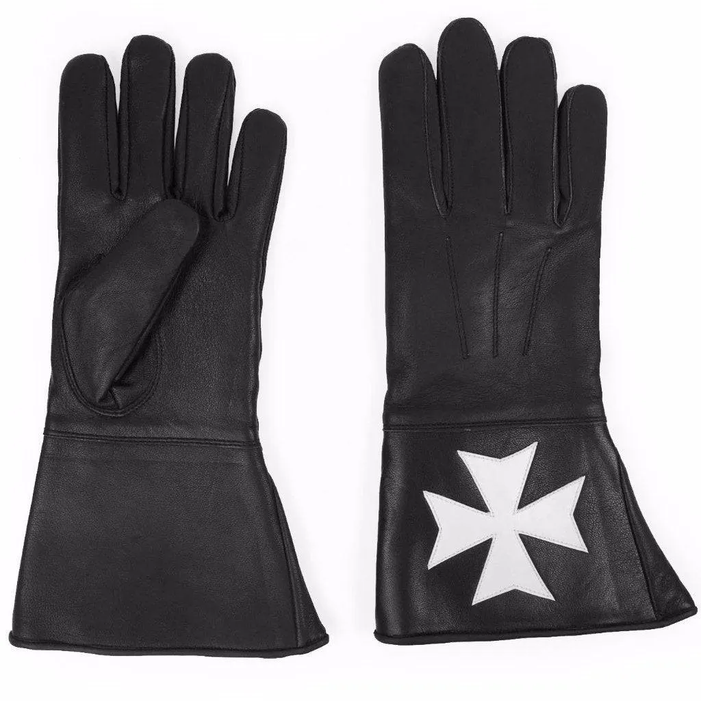 Order of Malta Commandery Gauntlet - Black Leather with White Maltese Cross