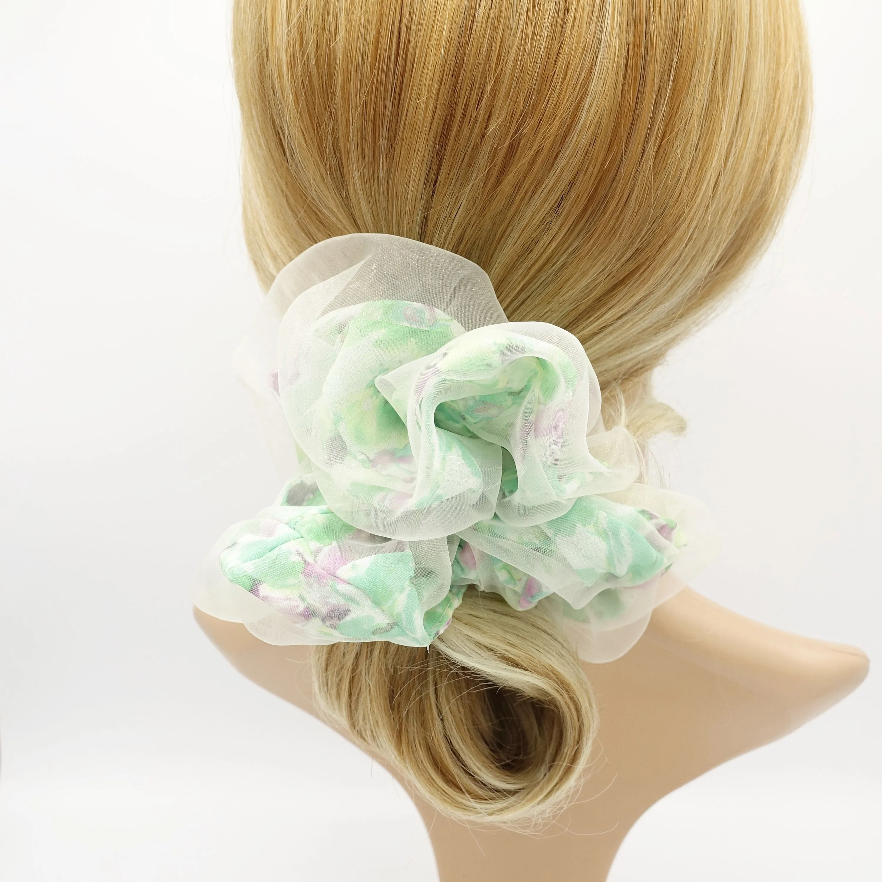 organza covered floral chiffon scrunchies see through hair scrunchie for women