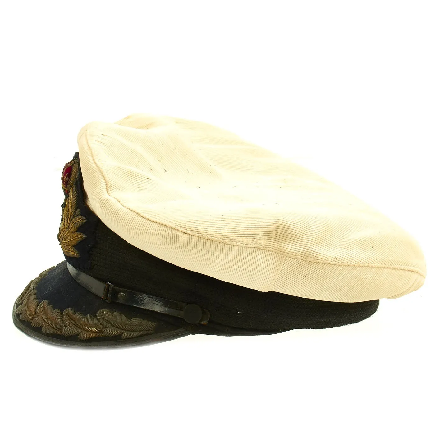 Original British WWII Royal Navy Officers Visor Cap by William Forsythe with Oak Leaves & White Cover