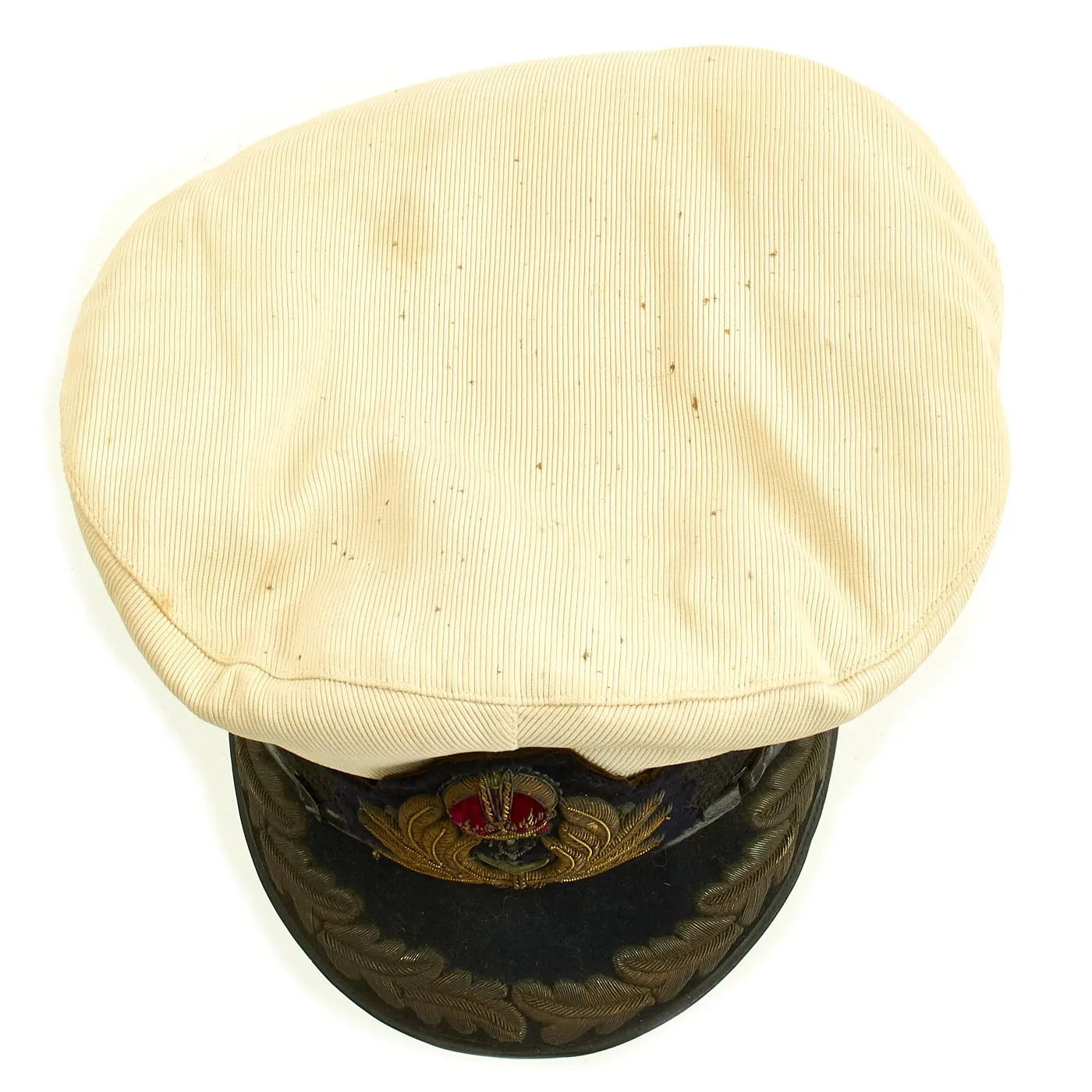 Original British WWII Royal Navy Officers Visor Cap by William Forsythe with Oak Leaves & White Cover