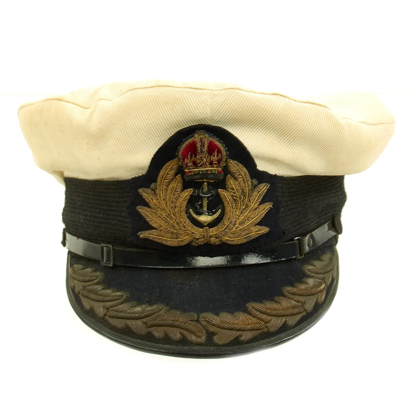 Original British WWII Royal Navy Officers Visor Cap by William Forsythe with Oak Leaves & White Cover