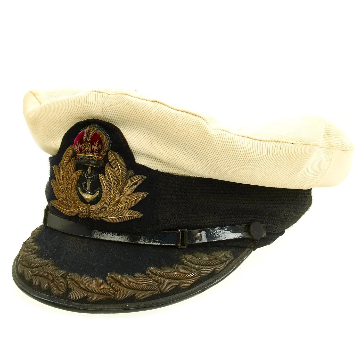 Original British WWII Royal Navy Officers Visor Cap by William Forsythe with Oak Leaves & White Cover