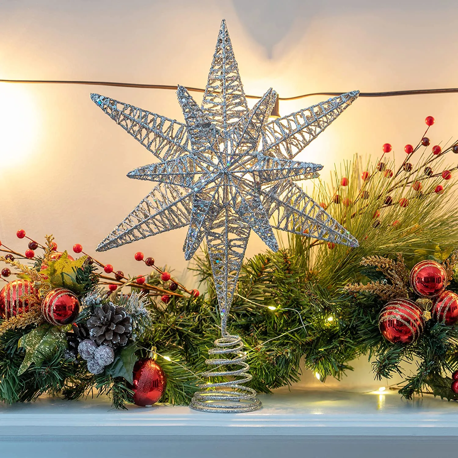 Ornativity Silver Star Tree Topper – Christmas Silver 3D Glitter Star Ornament Treetop Decoration