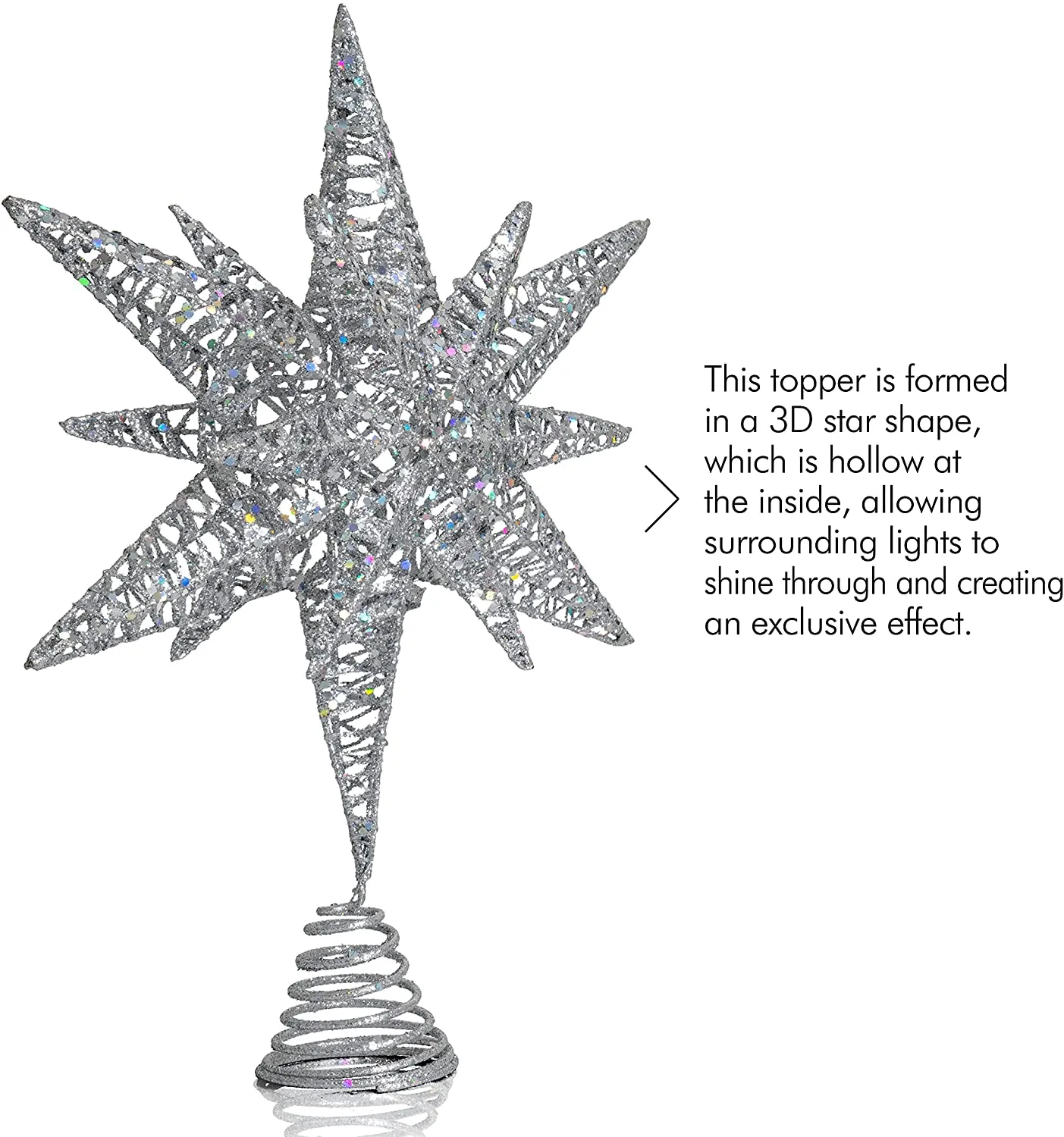 Ornativity Silver Star Tree Topper – Christmas Silver 3D Glitter Star Ornament Treetop Decoration