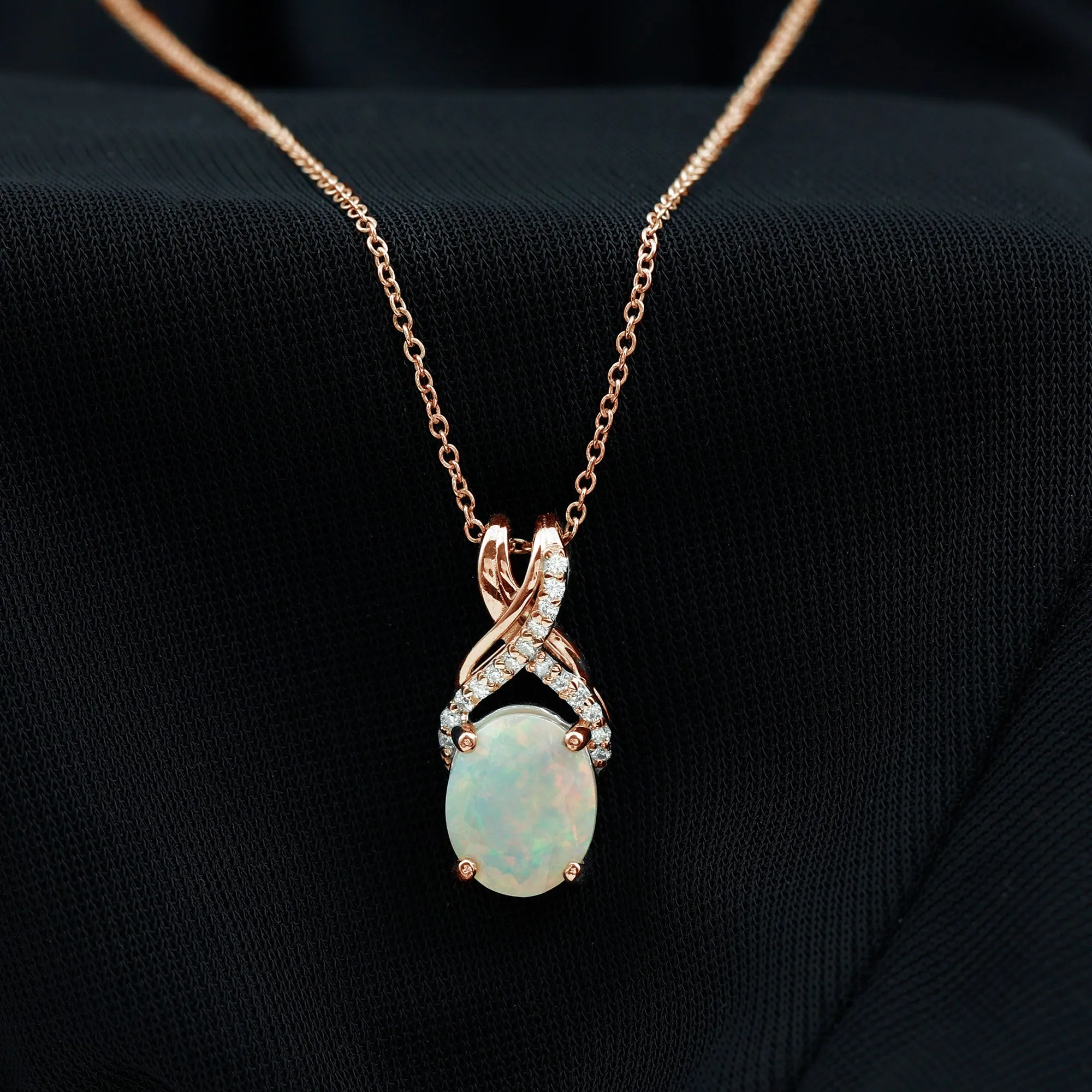 Oval Ethiopian Opal Solitaire Pendant with Moissanite Twisted Bail