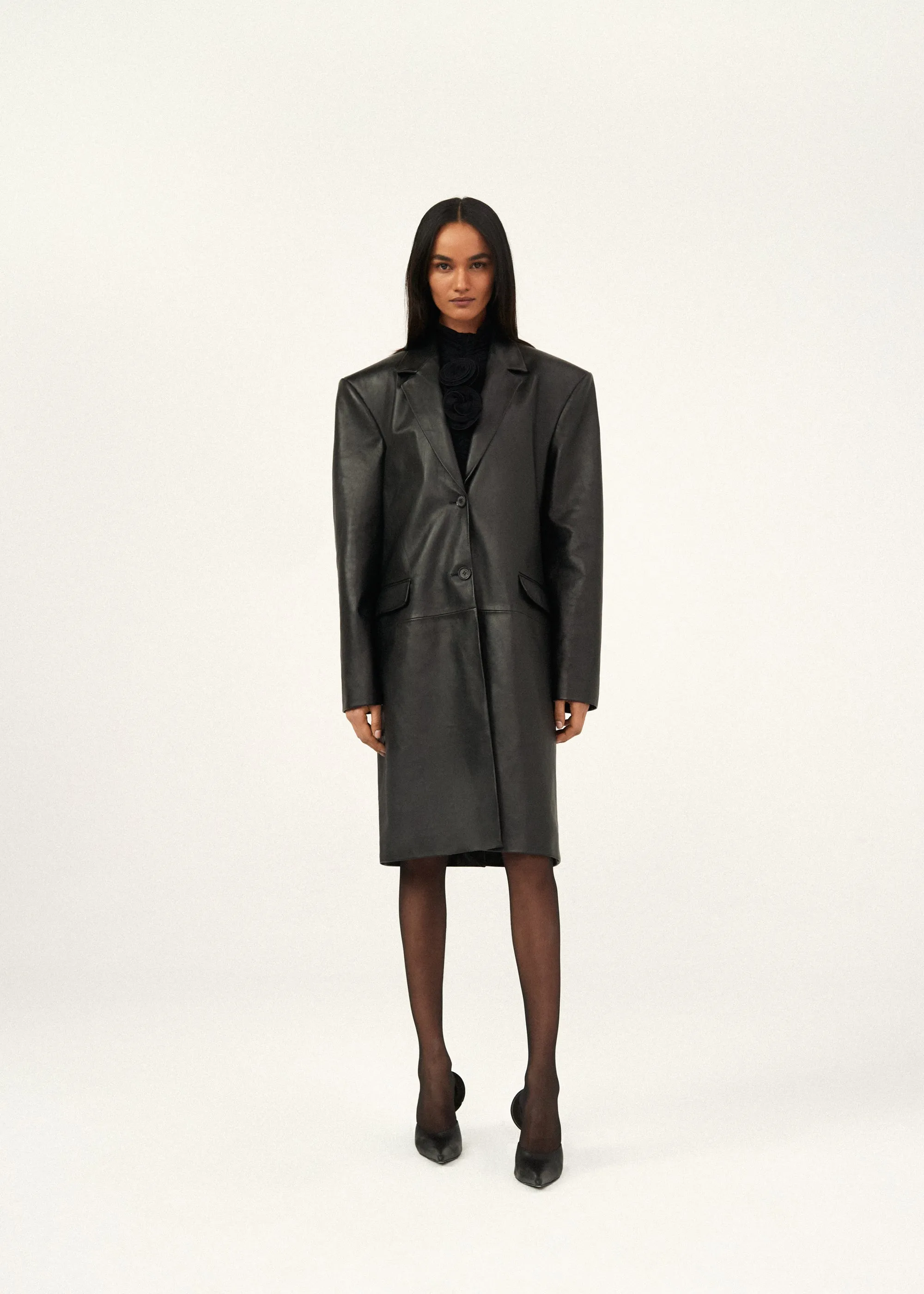 Oversized classic midi coat in black leather