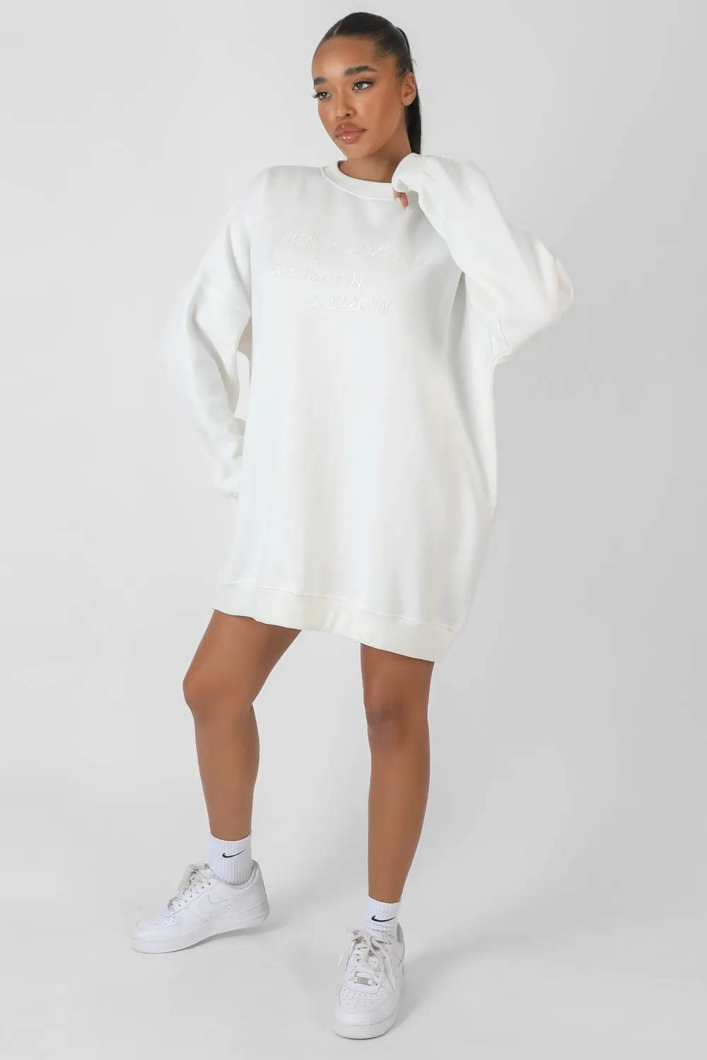 Oversized Embroidered Tonal Sweatshirt Dress Ecru