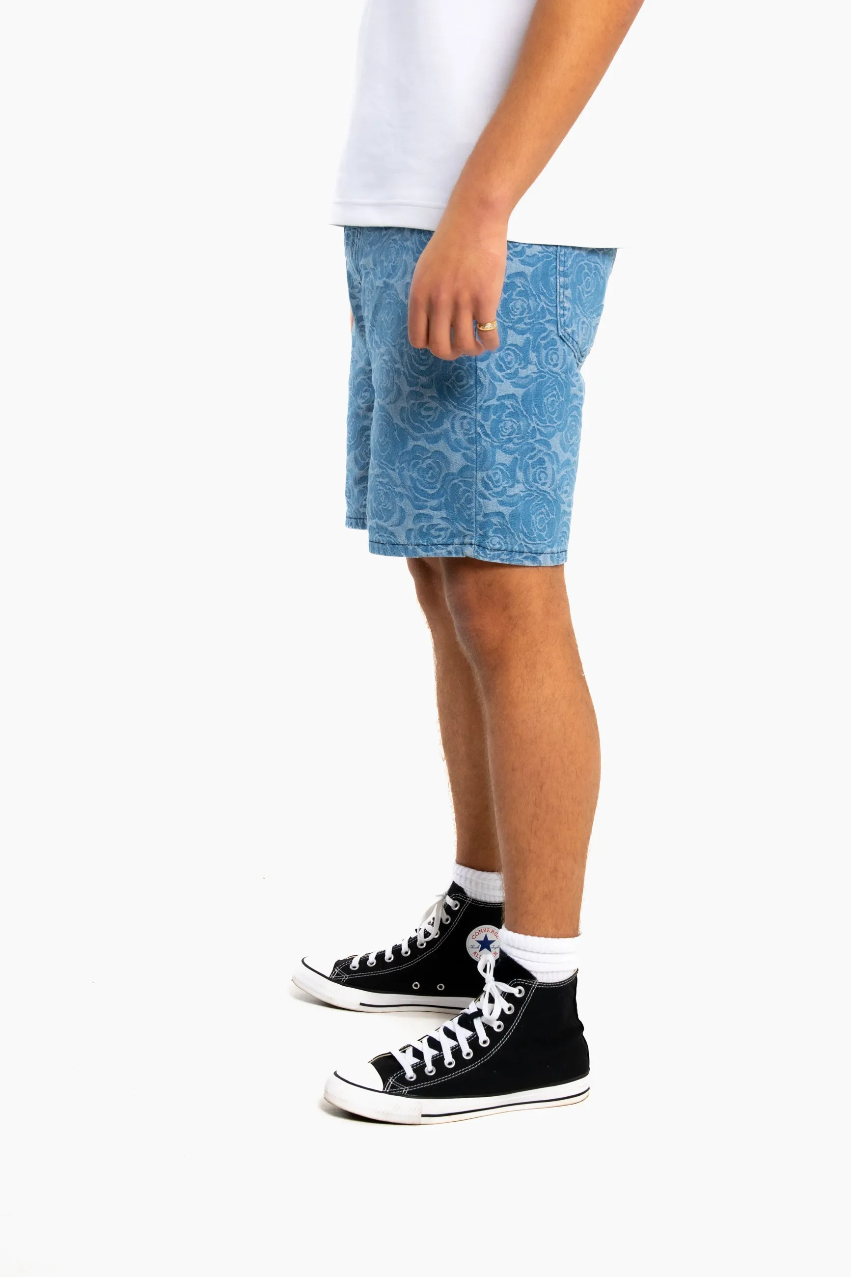 Oversized Floral Textured Jacquard Denim Shorts